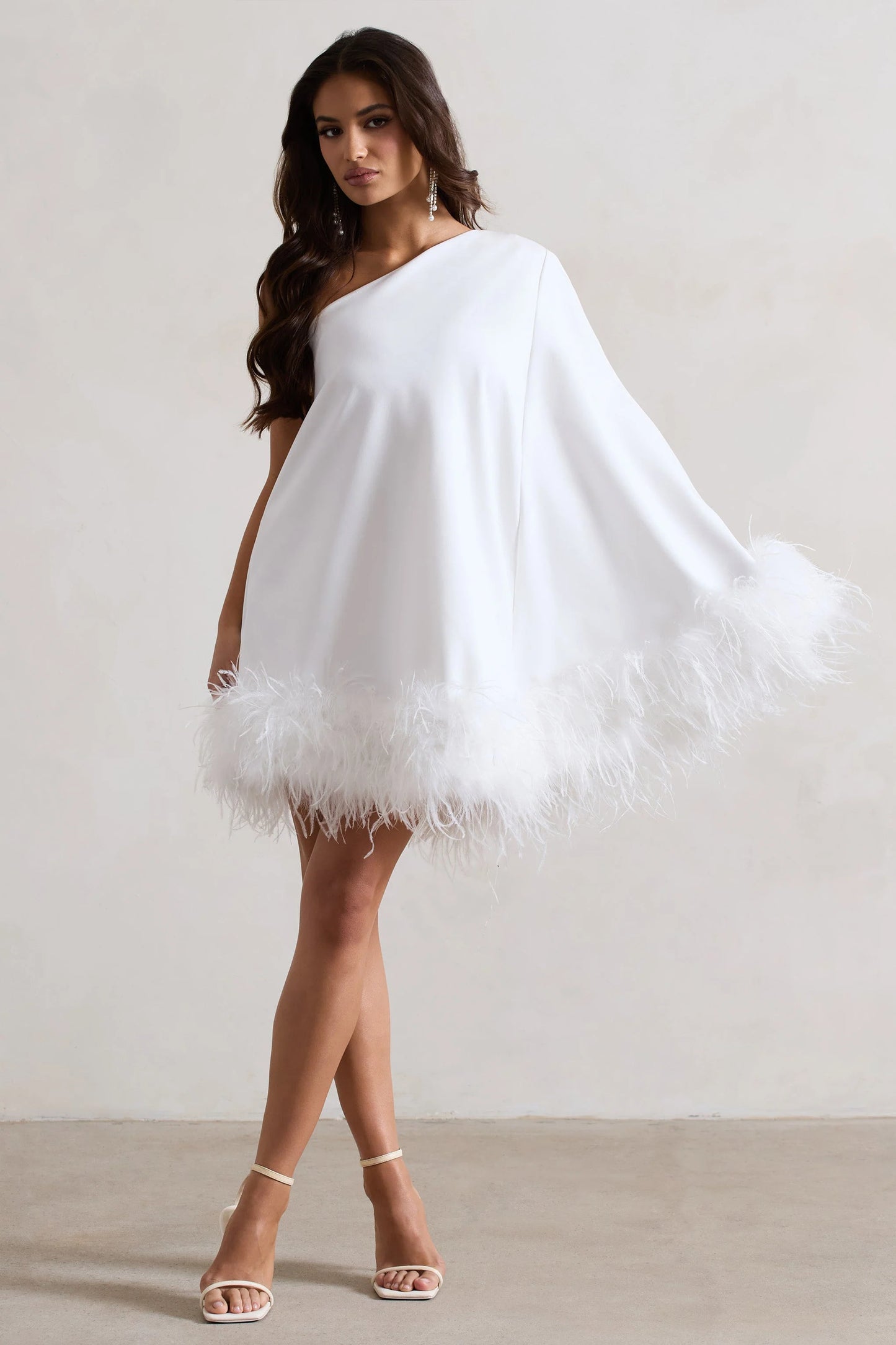 Epiphany | White One Shoulder Cape Sleeve Mini Dress With Feathers