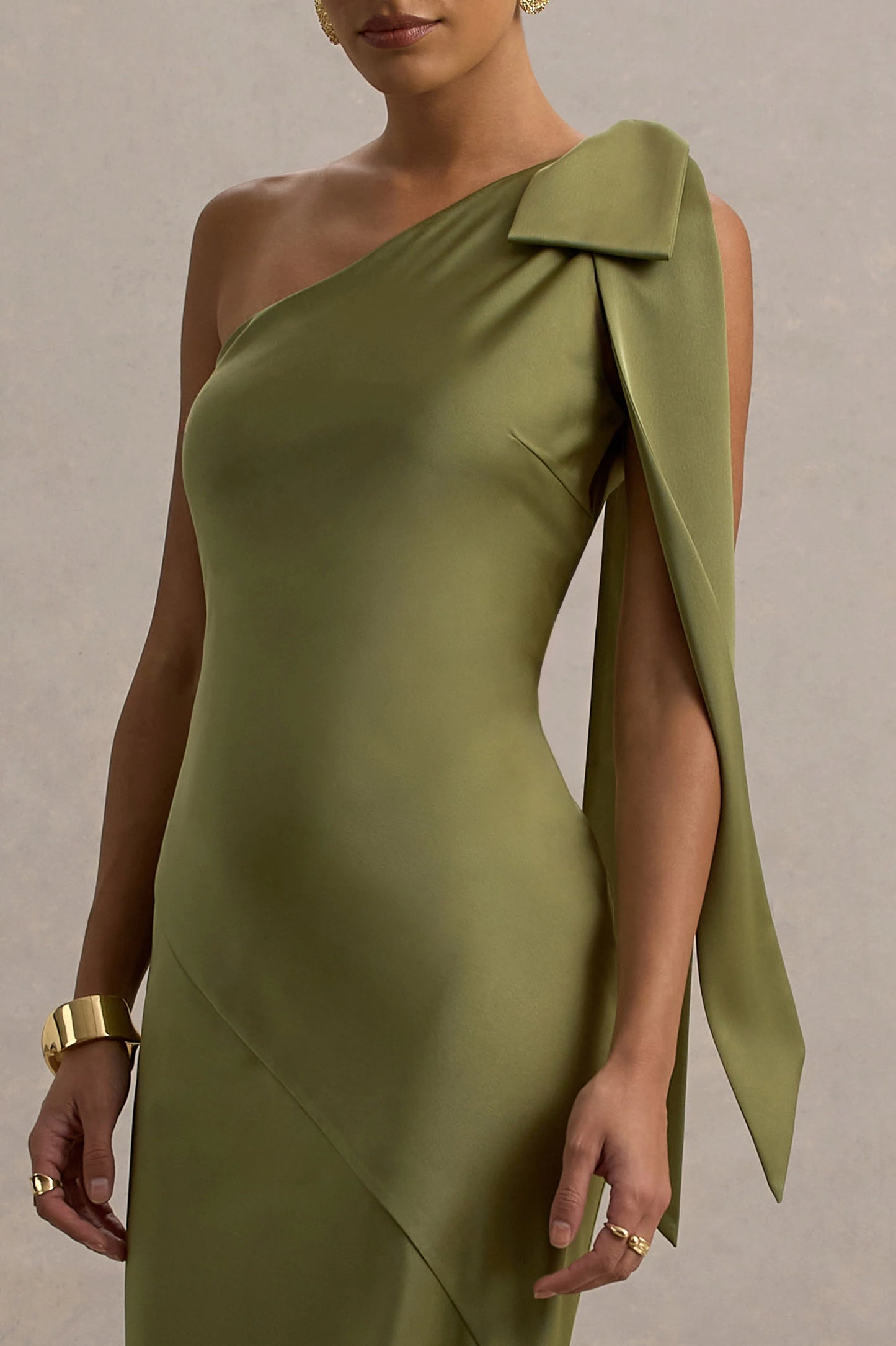 Here For Love | Khaki Satin Asymmetric Maxi Dress With Bow