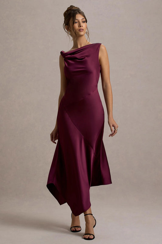 Donelli | Plum Satin Asymmetric Midi Dress