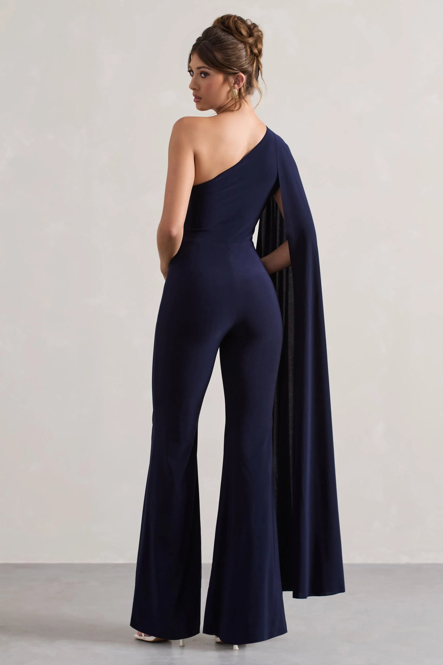 Julie | Navy Asymmetric Flared-Leg Jumpsuit With Cape Sleeve