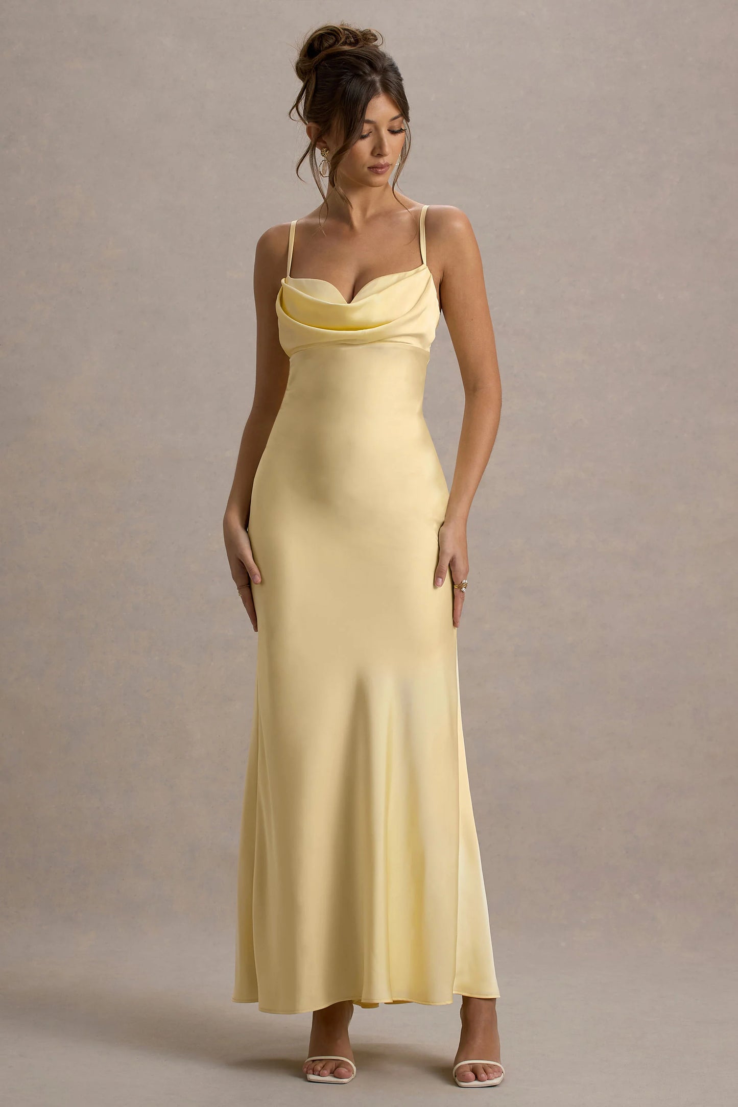 Eimear | Lemon Satin Draped Sweetheart Maxi Dress