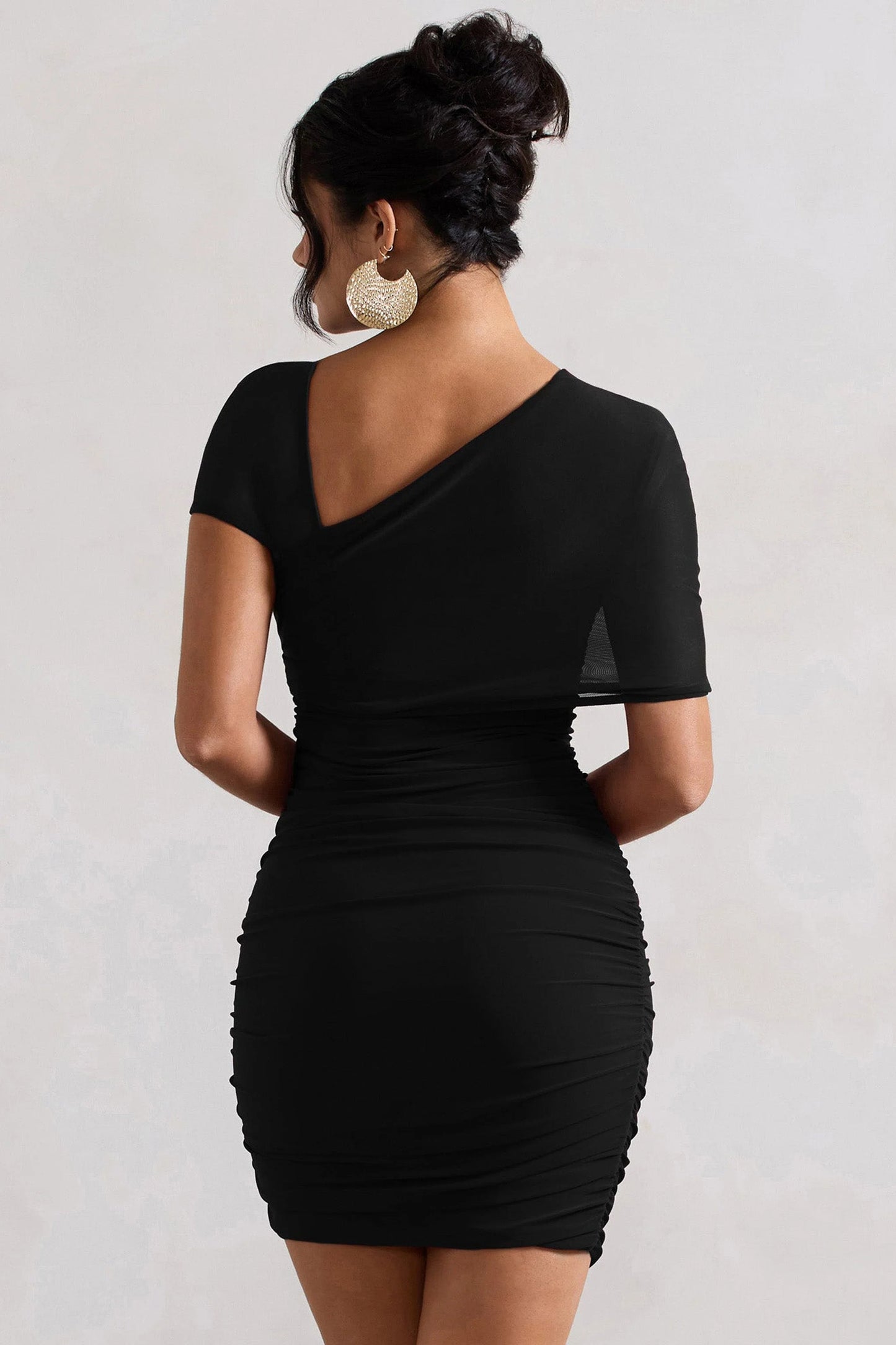 Himalaya | Black Ruched Mini Dress With Mesh Overlay