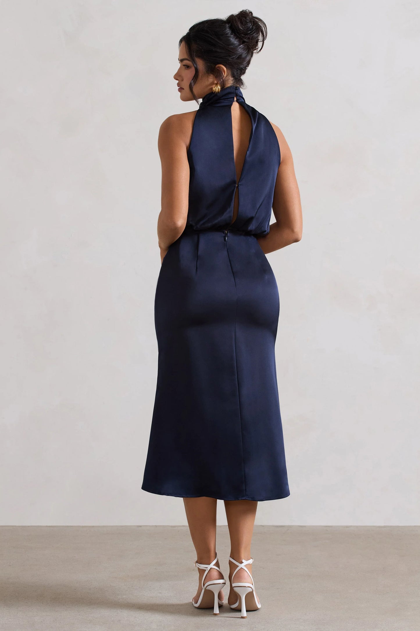 Geena | Navy Satin Twisted High-Neck Midi Dress