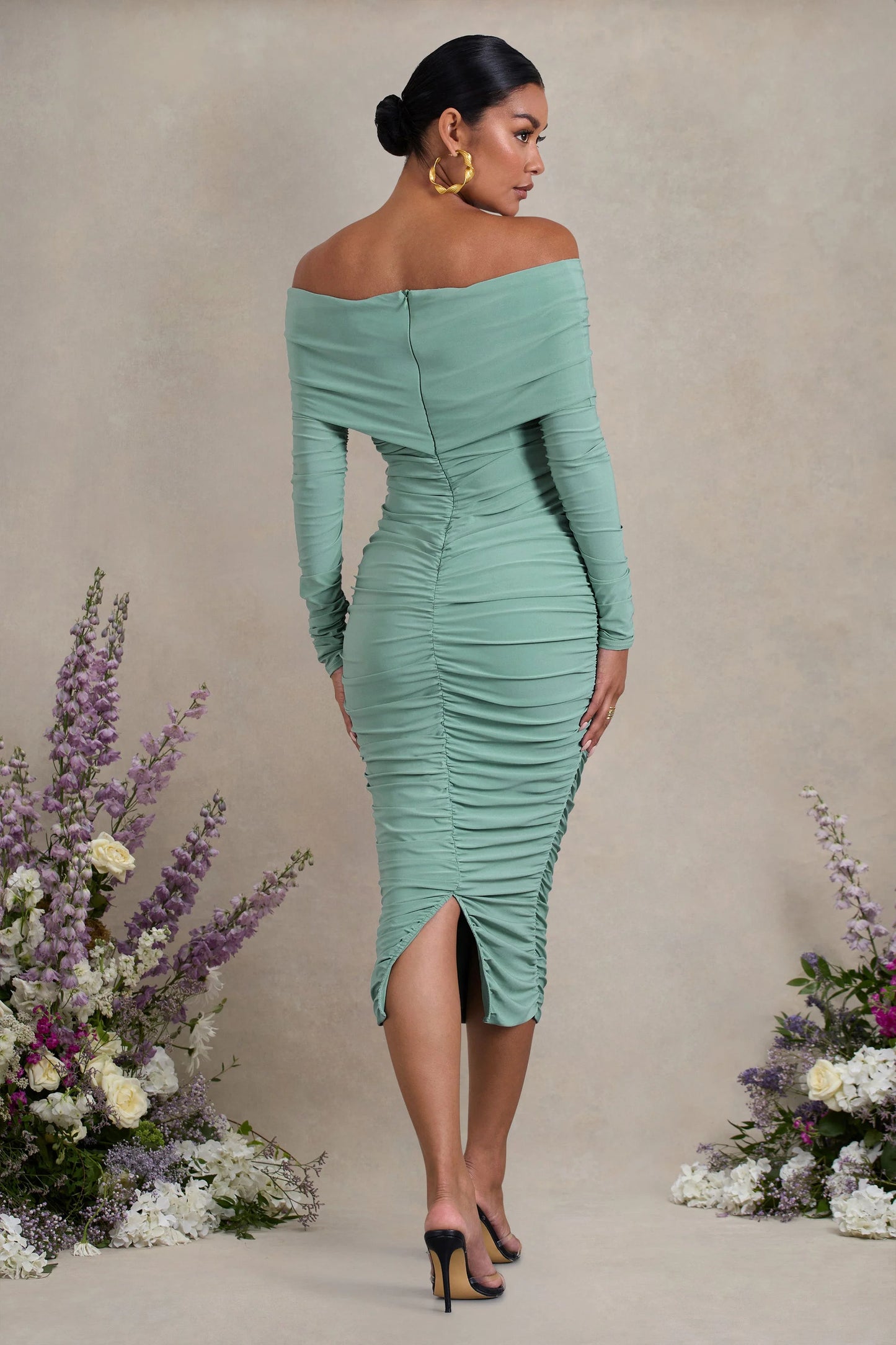 Davina | Sage Ruched Twist Bardot Long-Sleeve Maternity Midi Dress