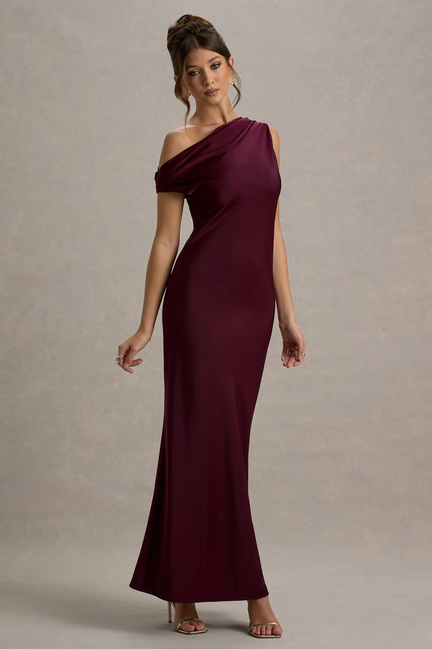 Isolde | Burgundy Satin One-Shoulder Maxi Dress