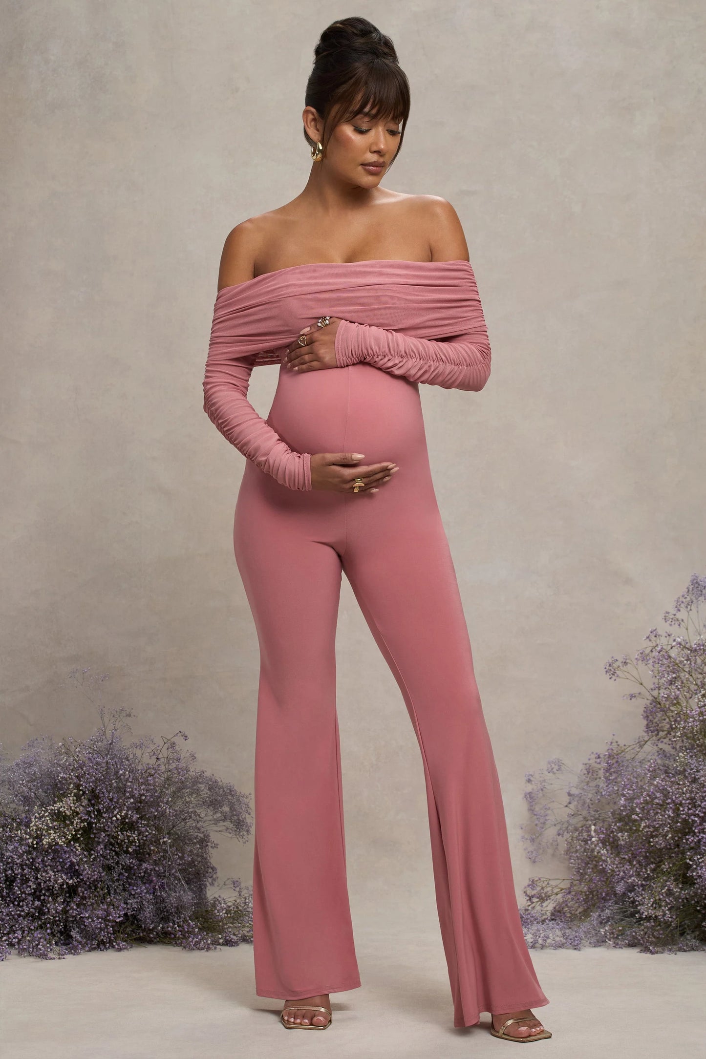 Count Down | Blush Pink Maternity Ruched Mesh Bardot Jumpsuit