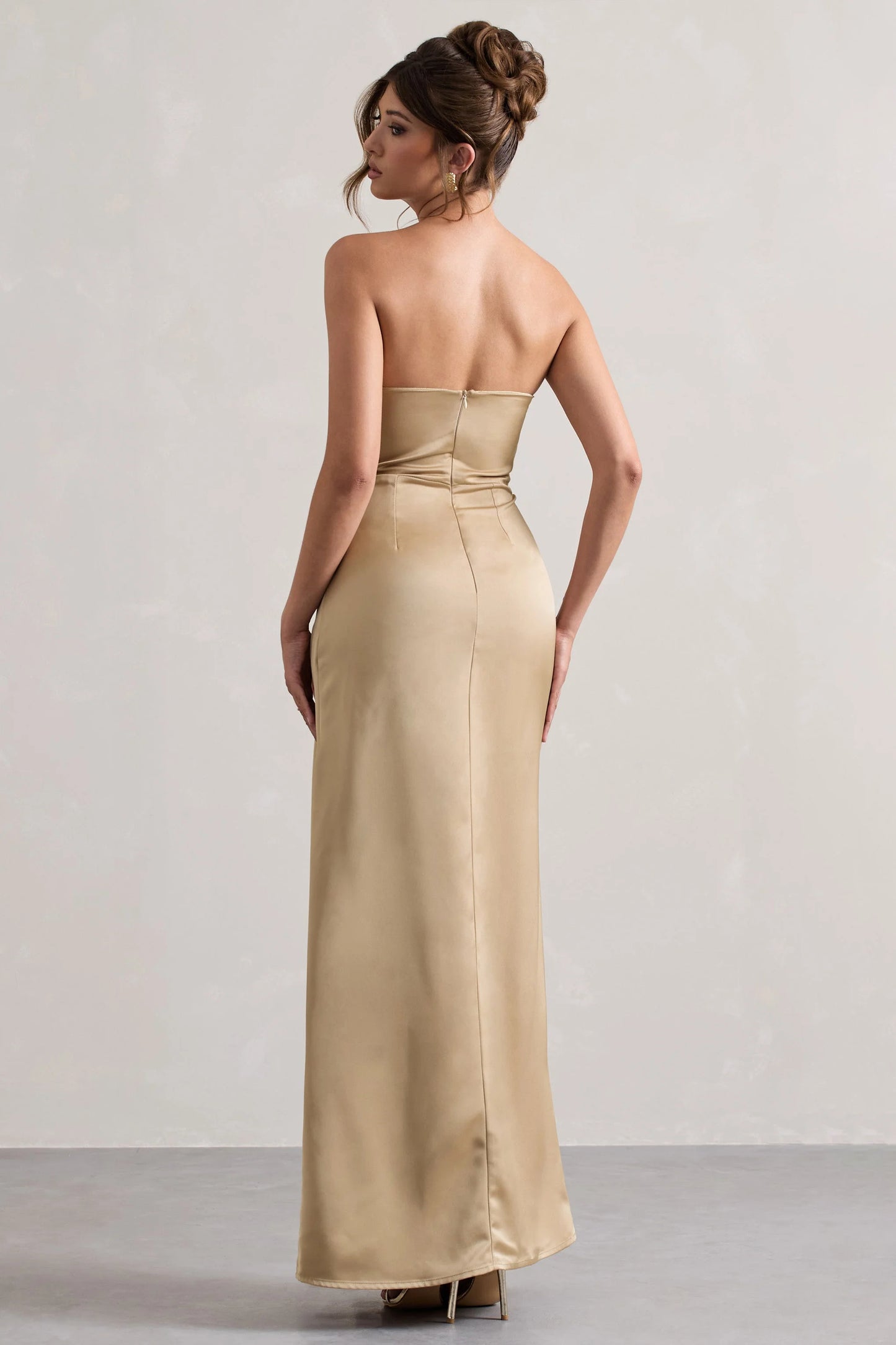 Hollywood | Champagne Satin Strapless Draped Maxi Dress