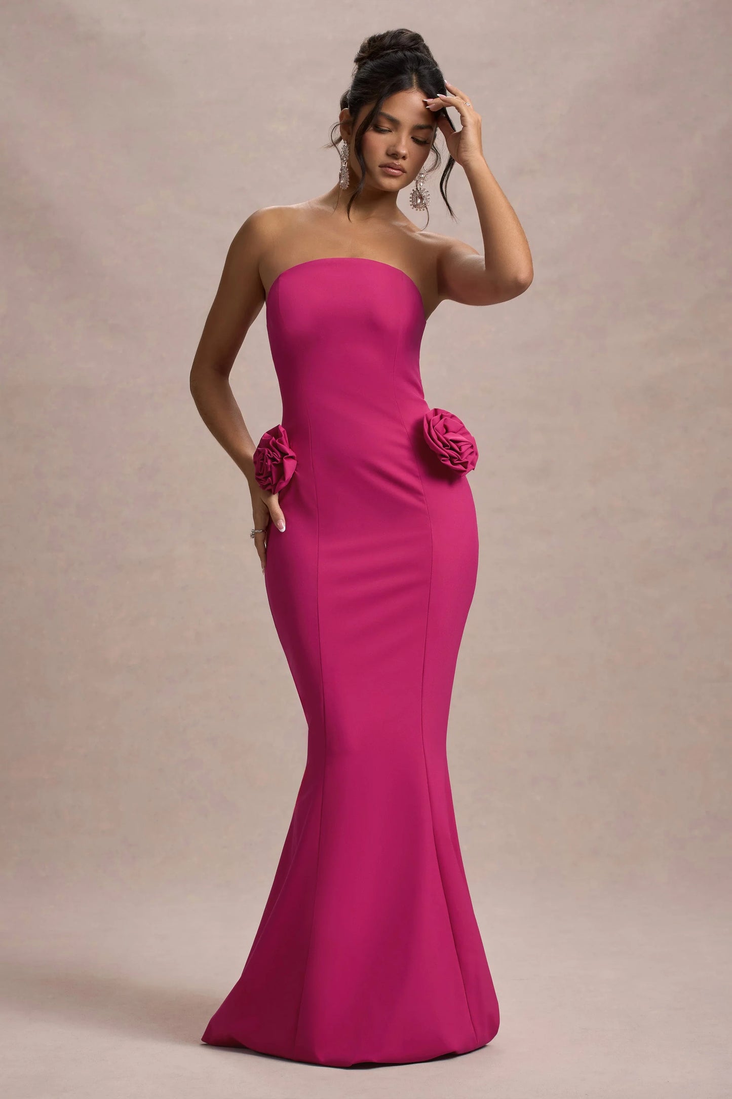 Best Of The Best | Dark Pink Strapless Fishtail Maxi Dress With Corsages