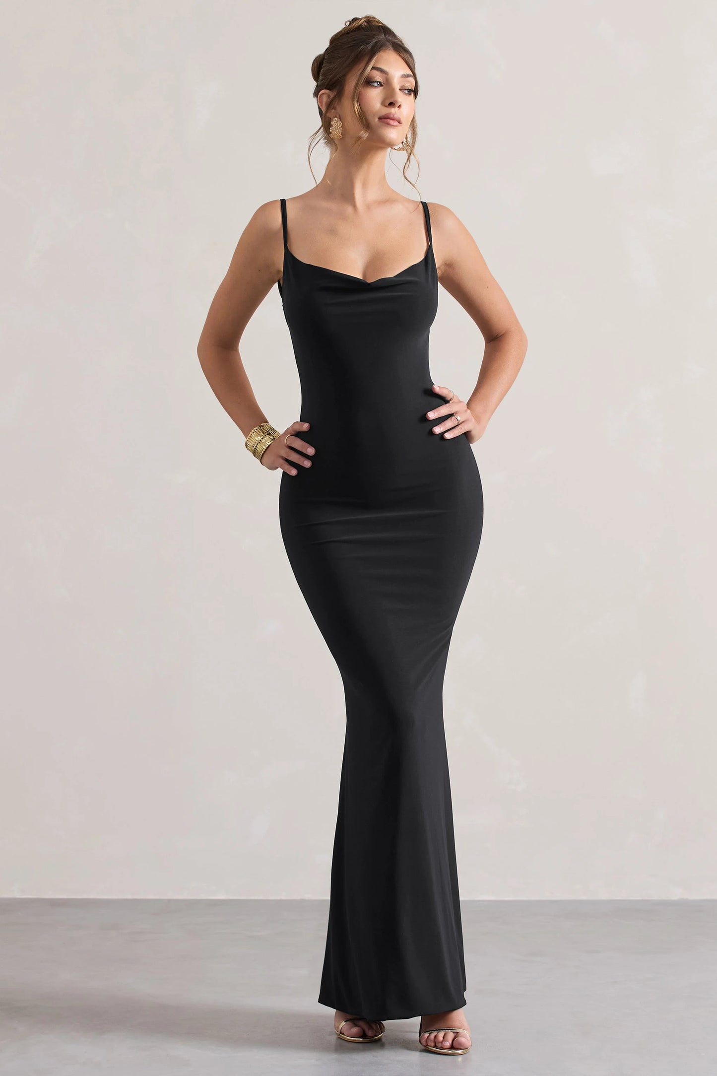 Francoise | Black Cowl Neck Backless Maxi Dress With Lace Insert