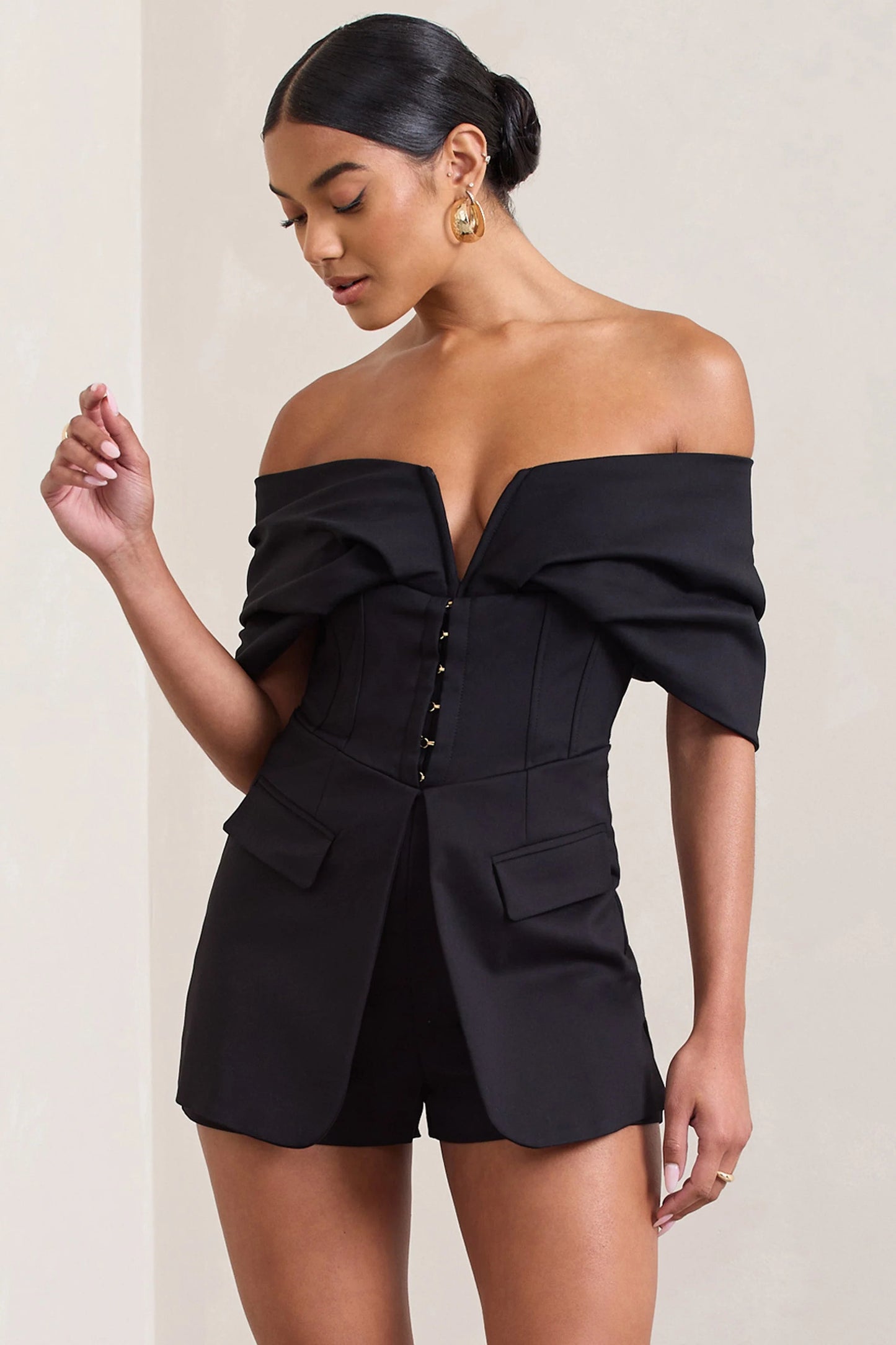 Damsel | Black Cotton-Blend Corset Bardot Playsuit