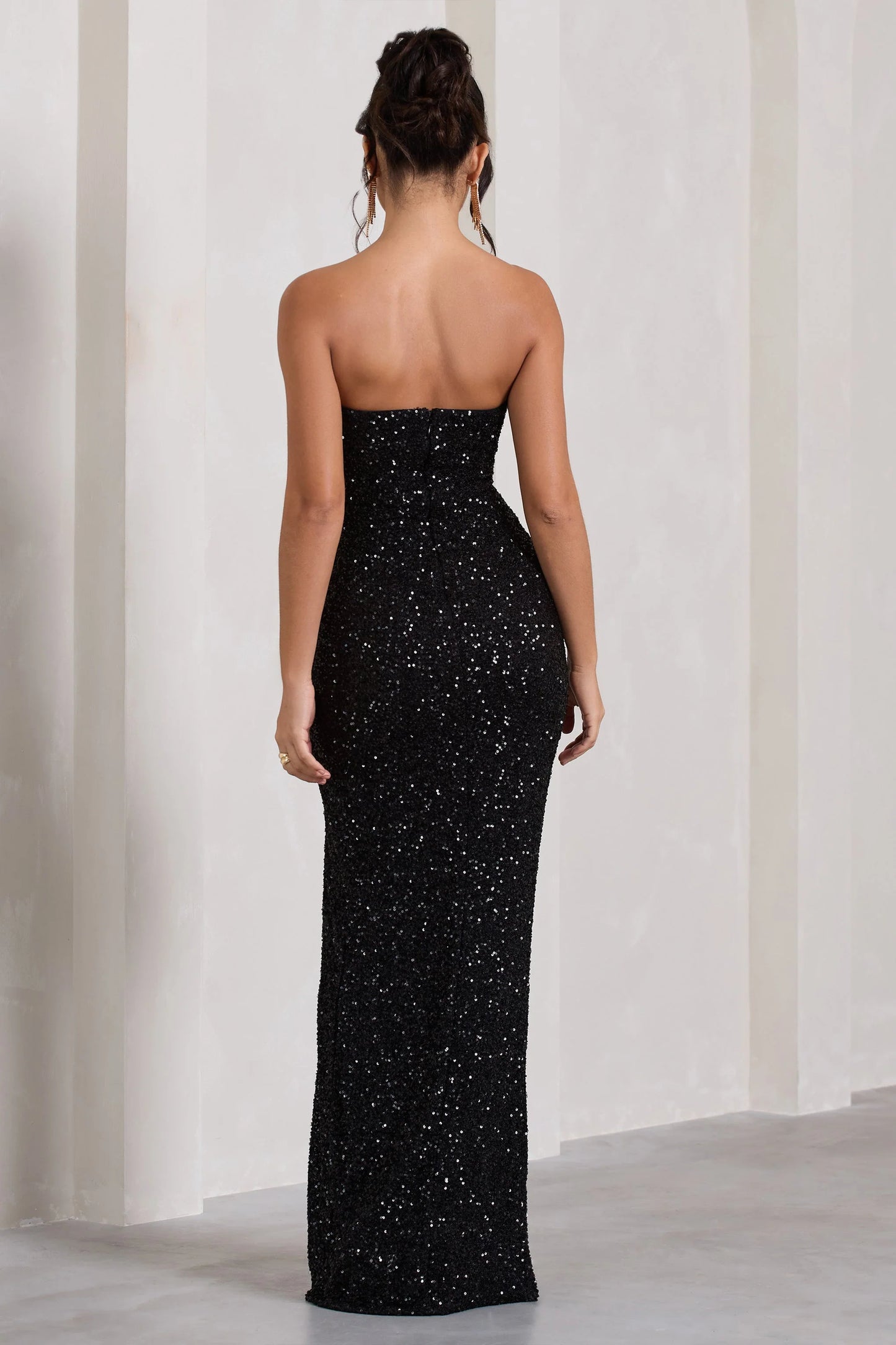 Illuminate | Black Sequin Bandeau Cut Out Split Maxi Dress