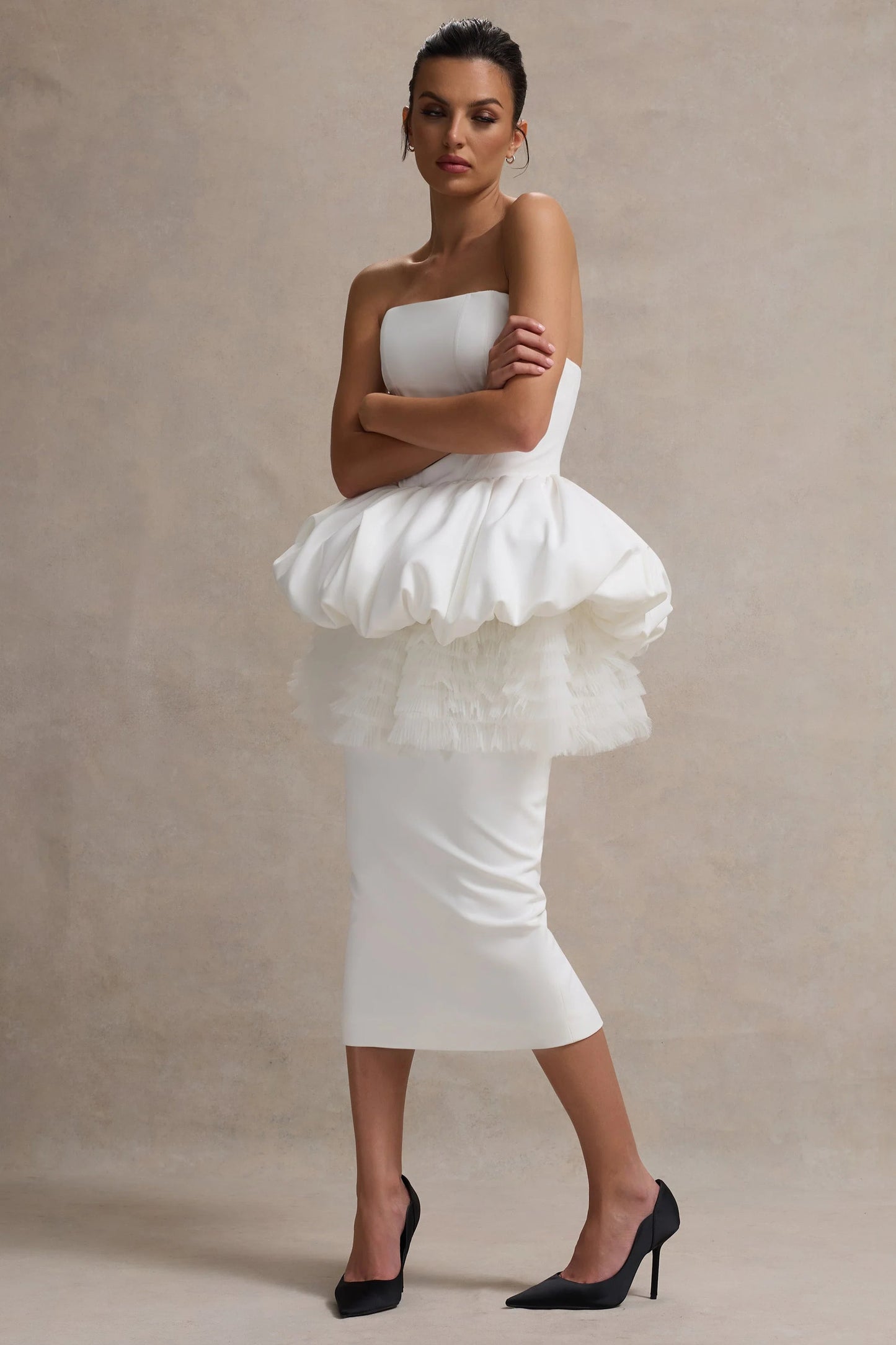 Jones | White Strapless Midi Dress With Tulle Peplum Waist