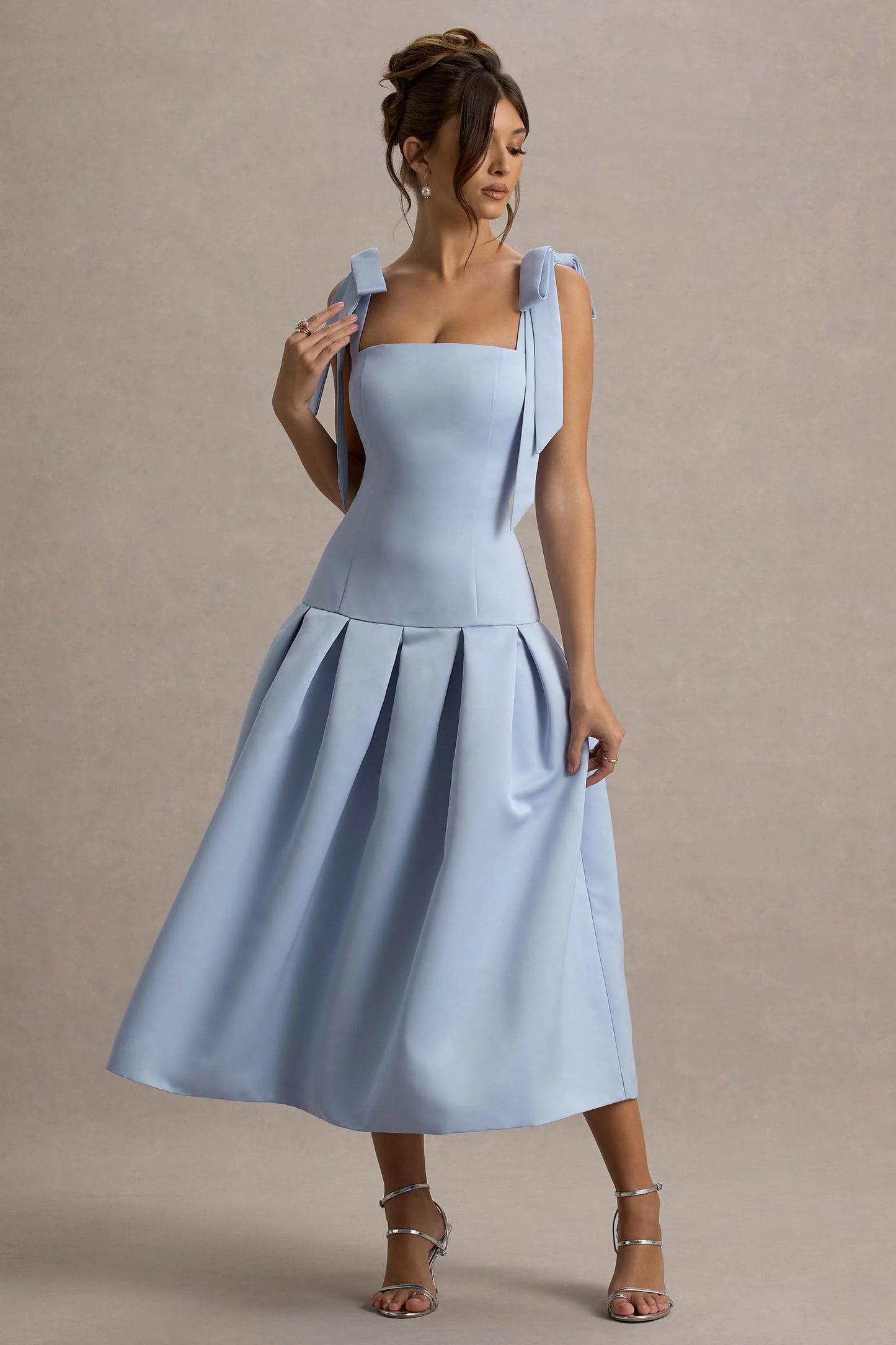 Alberta | Powder Blue Satin Midi Dress With Bow Straps