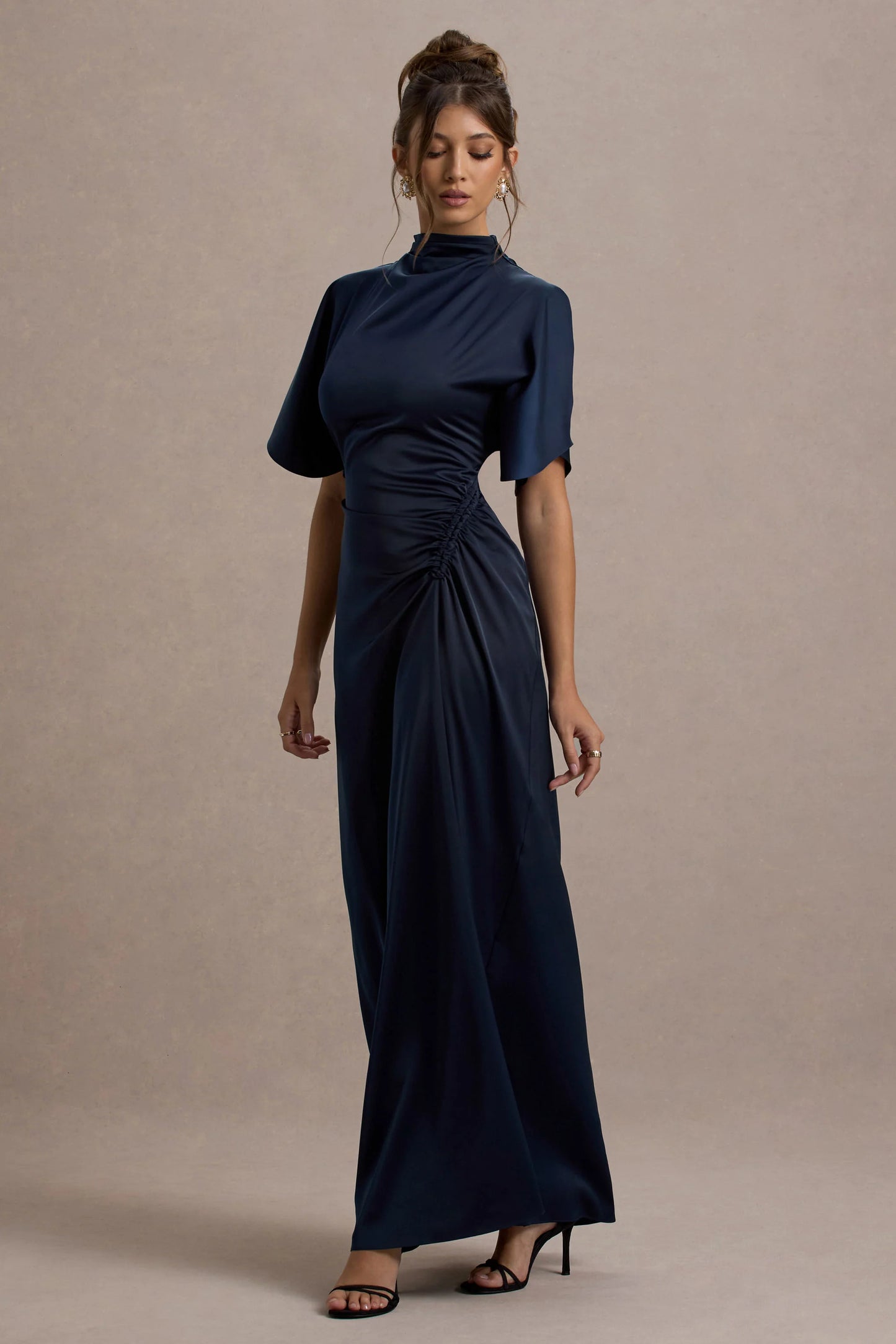 Audley | Navy Satin High-Neck Flutter-Sleeve Maxi Dress