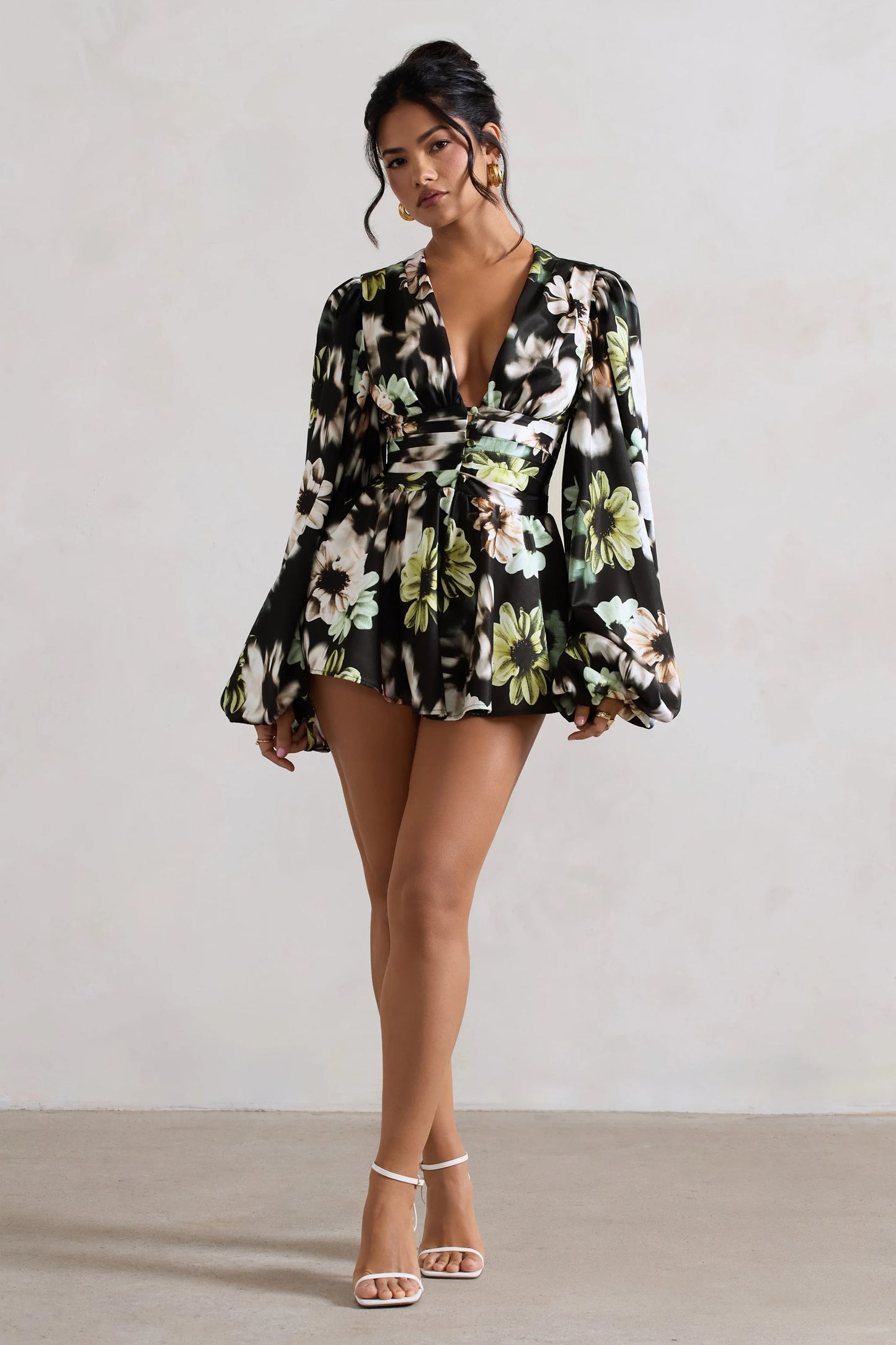 Katsura | Black Floral Print Satin Plunge-Neck Playsuit