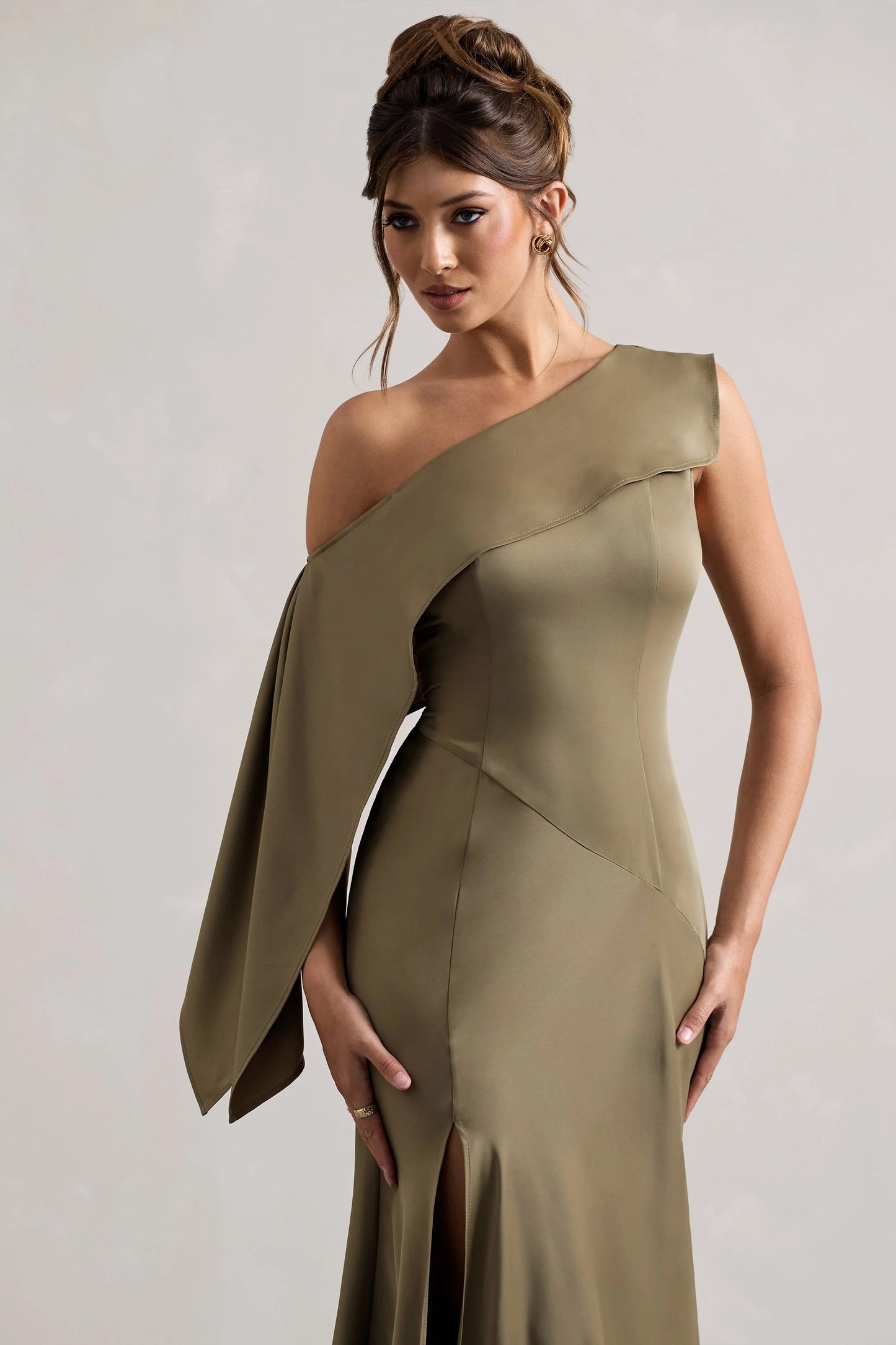 Freesia | Olive Satin Asymmetric Draped Split Maxi Dress