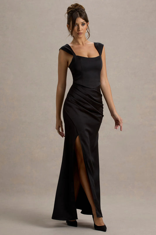 Admire | Black Satin Corset Wrap Maxi Dress