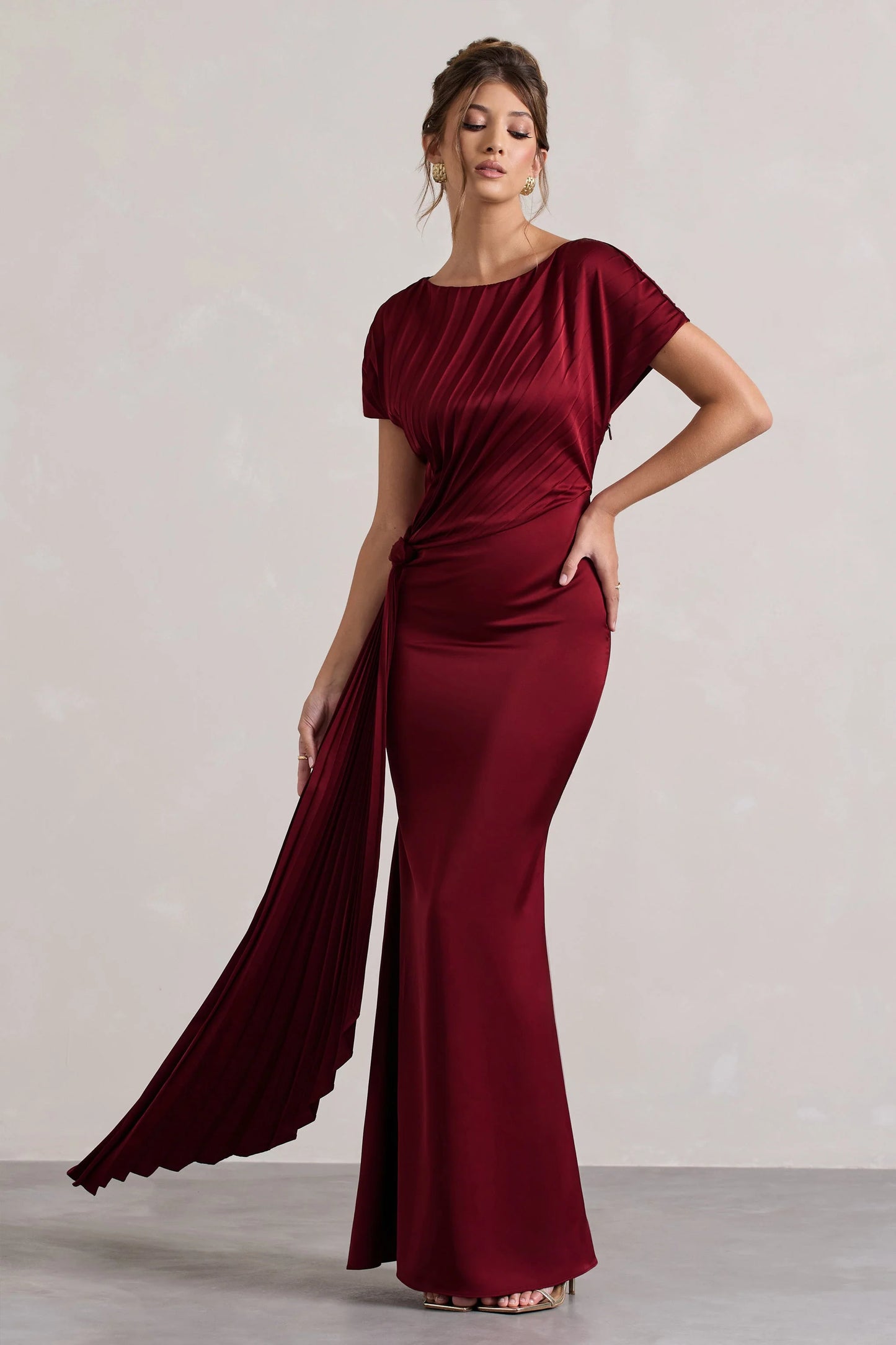 Ambrosia | Berry Satin Pleated Maxi Dress With Drape