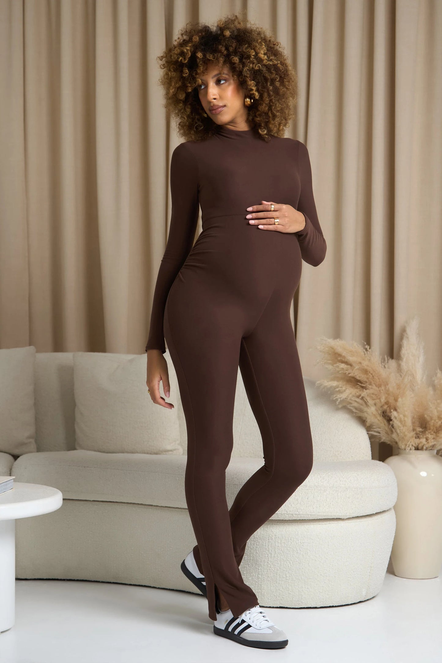 Fia | Chocolate Brown High-Neck Slim-Leg Maternity Jumpsuit