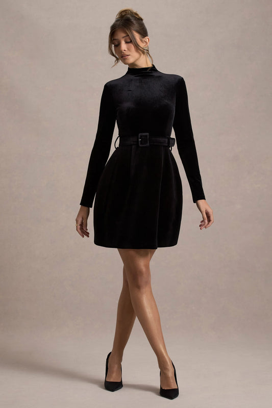 Charm | Black Velvet Turtleneck Long-Sleeve Belted Mini Dress