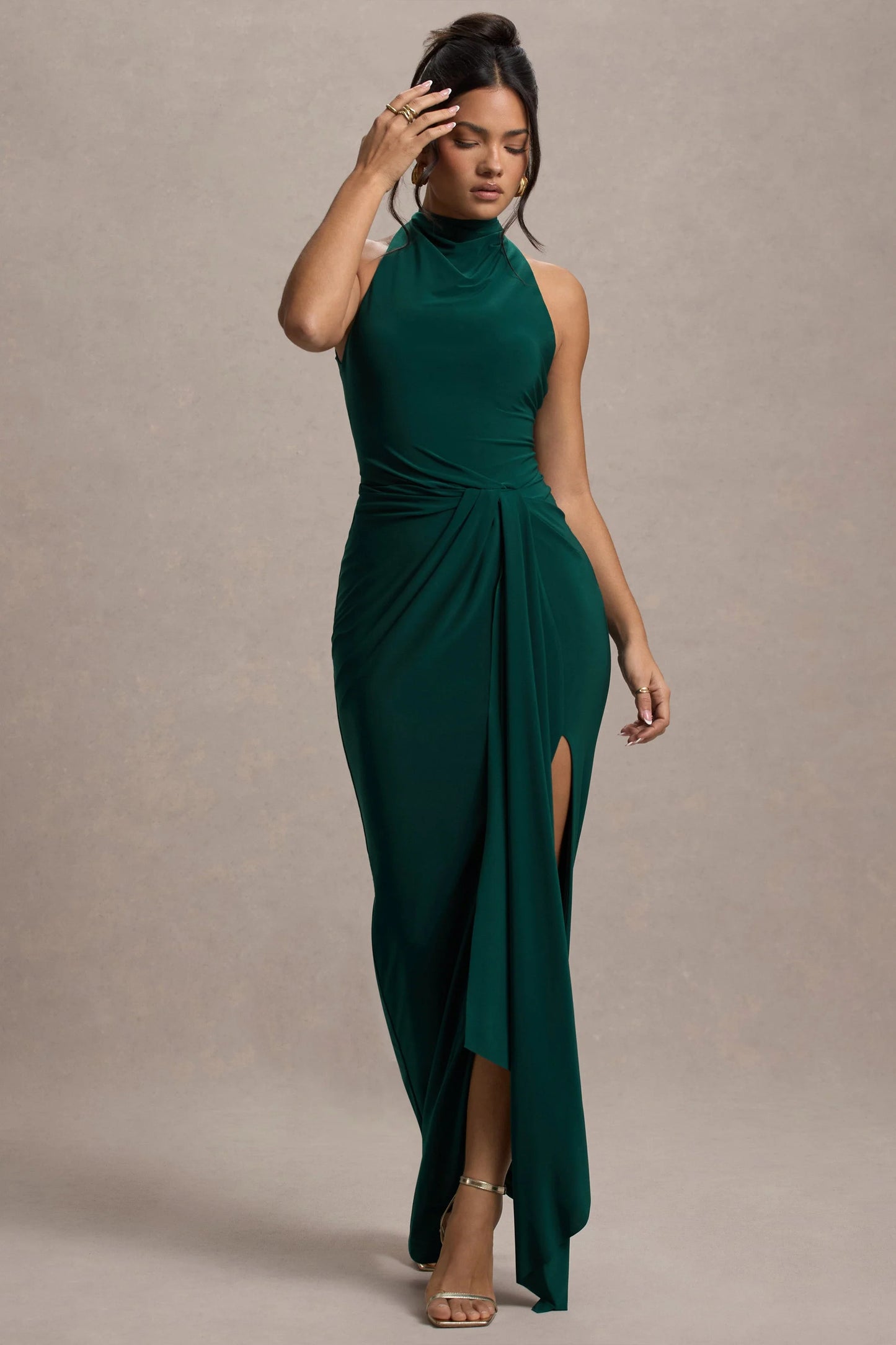 Khari | Bottle Green High-Neck Twisted Maxi Dress With Drape