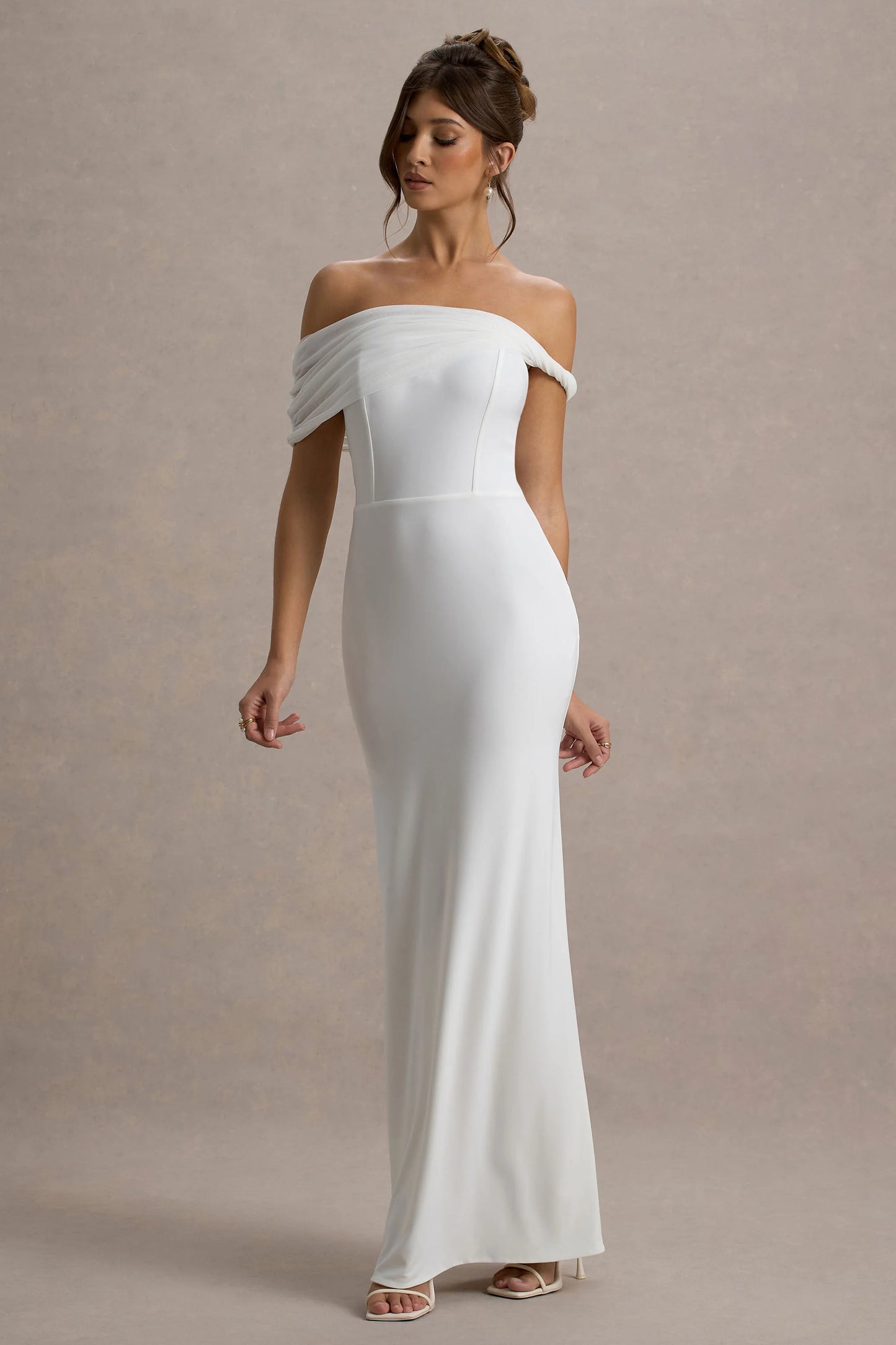 Alonza | White Twisted Bardot Maxi Dress