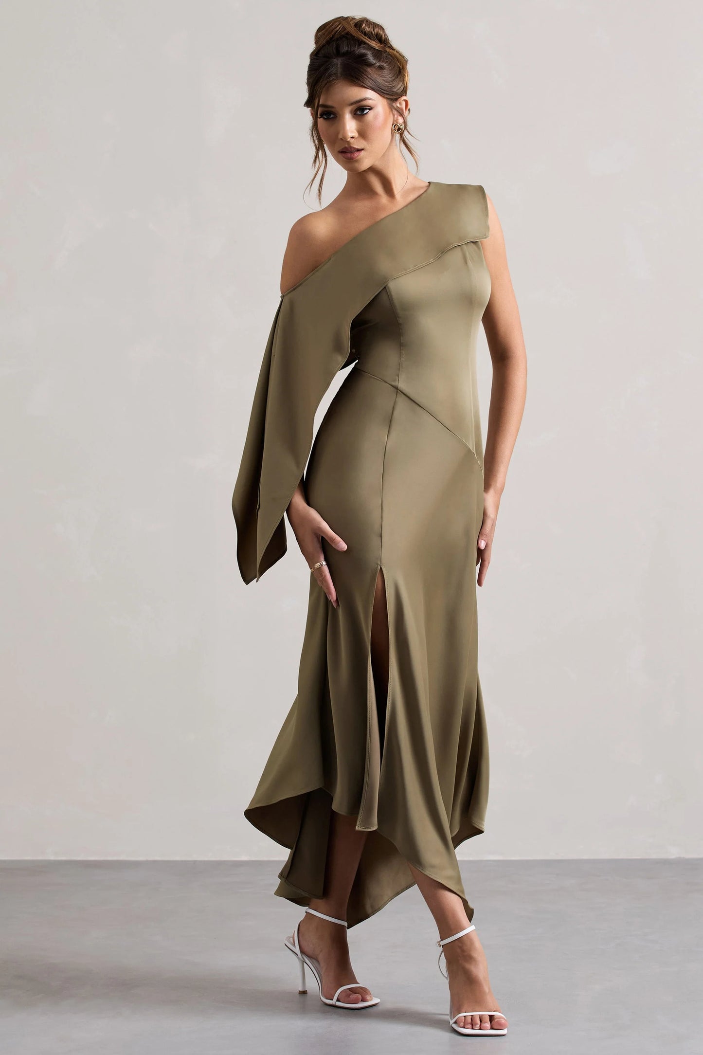 Freesia | Olive Satin Asymmetric Draped Split Maxi Dress