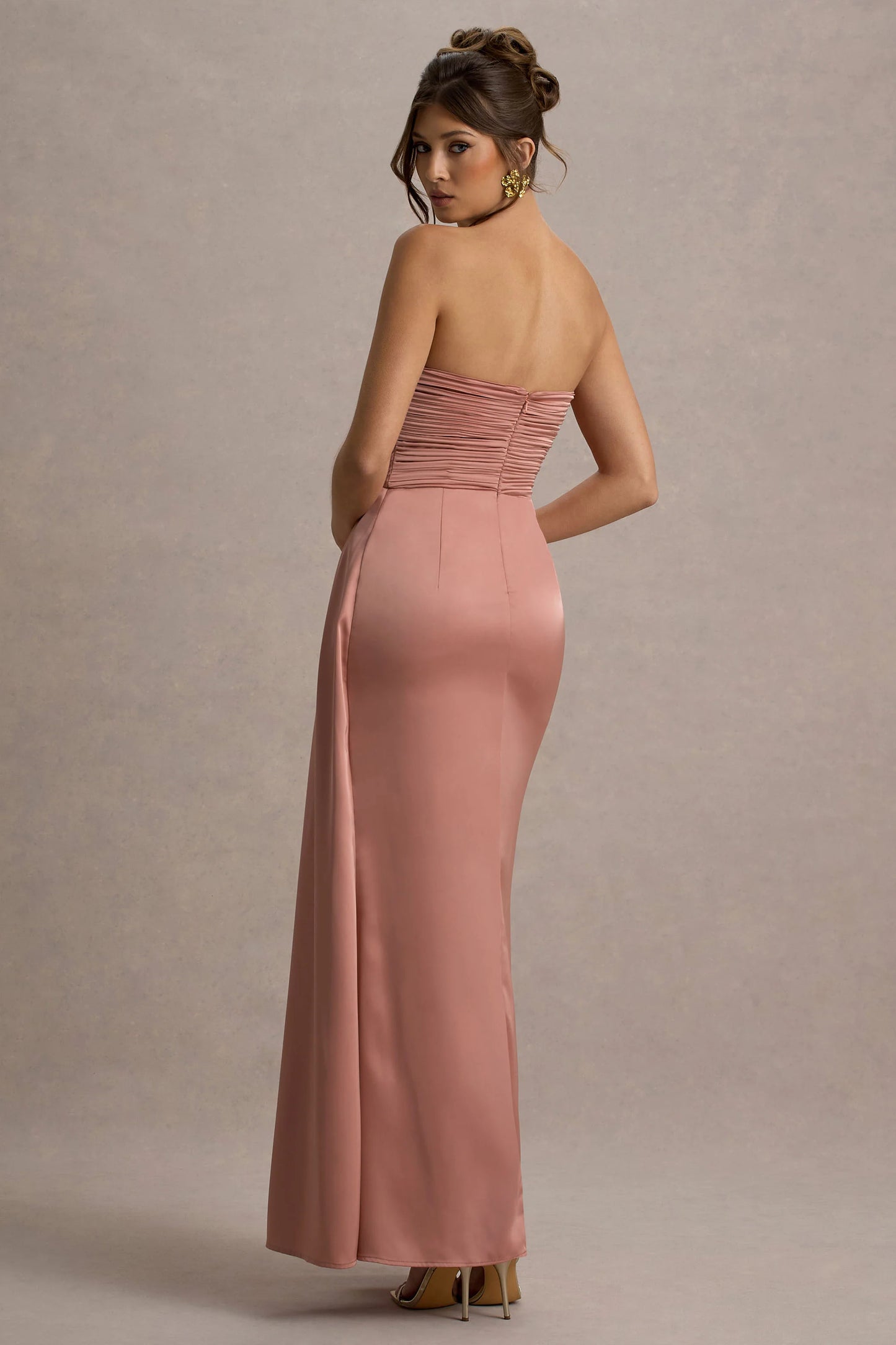 Edel | Pink Satin Strapless Maxi Dress With Drape