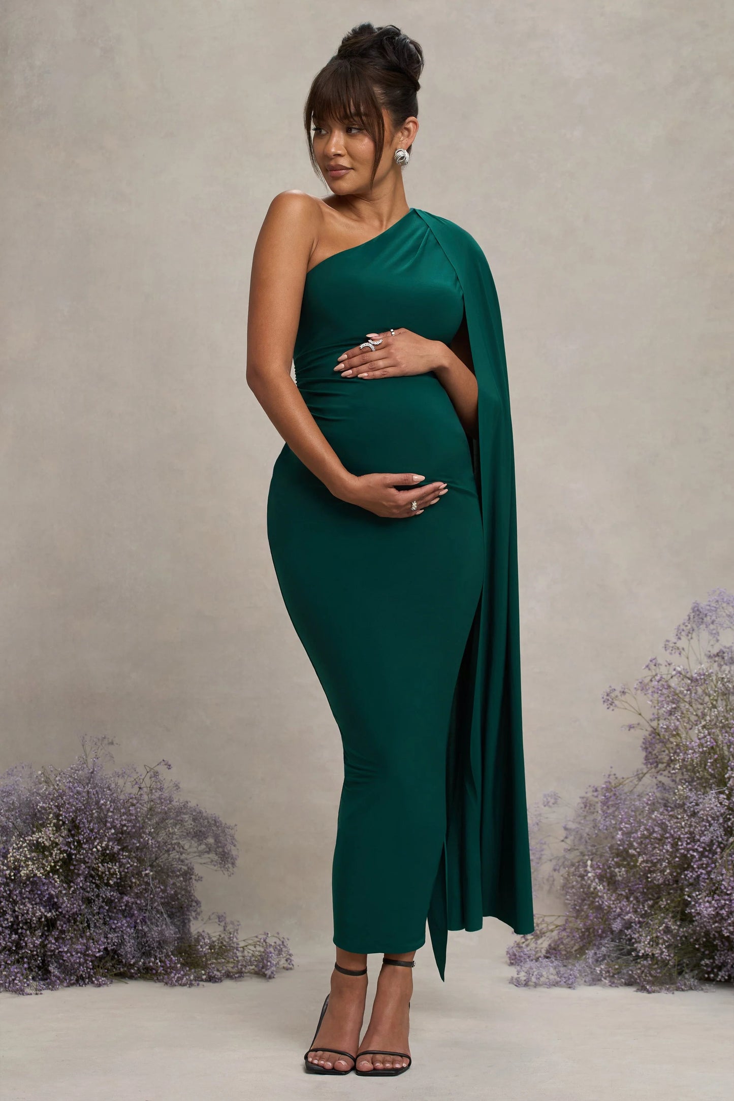 Amaryllis | Bottle Green Maternity One Shoulder Maxi Dress with Cape Sleeve