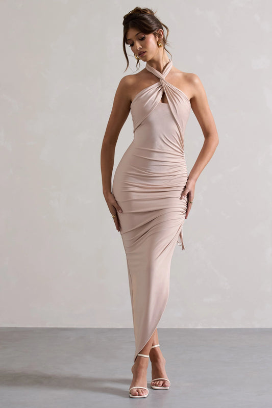 Jaiya | Champagne Ruched Halter-Neck Asymmetric Maxi Dress