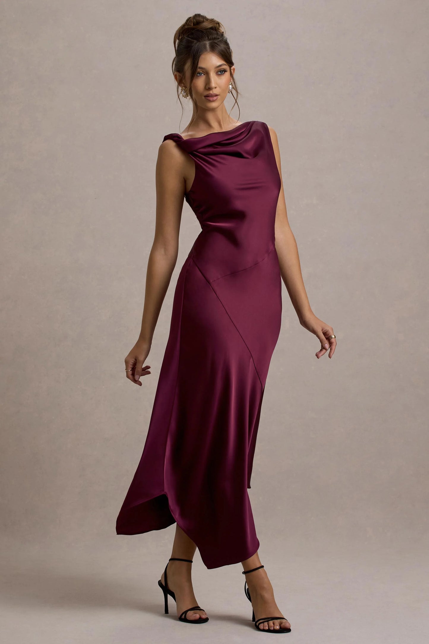 Donelli | Plum Satin Asymmetric Midi Dress