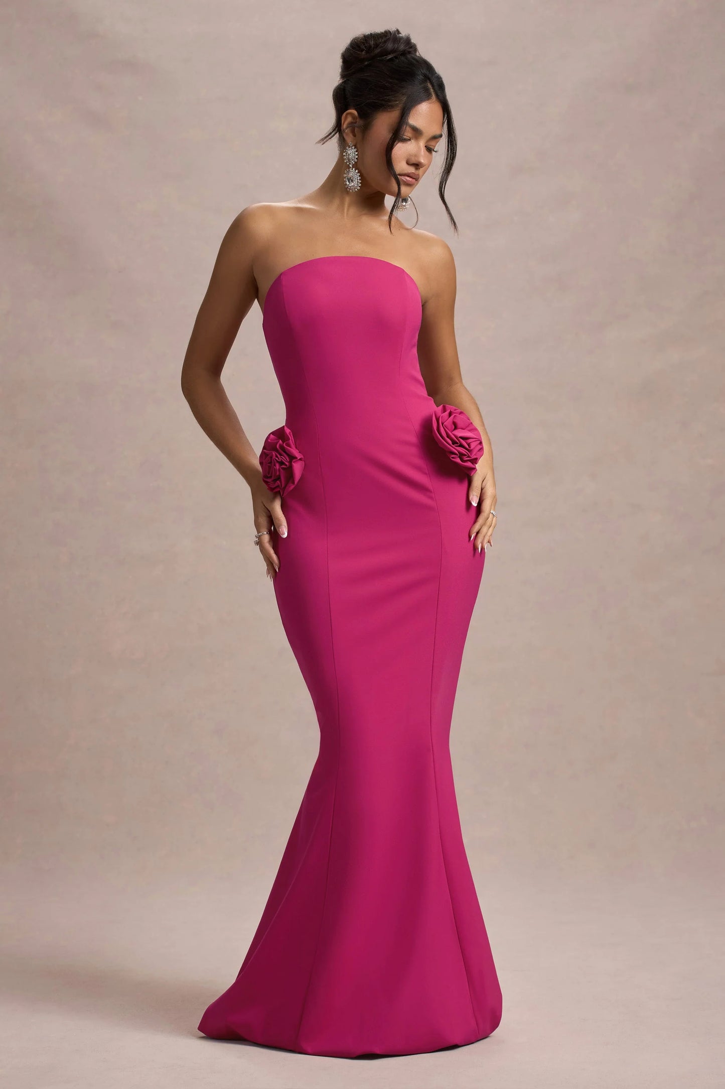 Best Of The Best | Dark Pink Strapless Fishtail Maxi Dress With Corsages