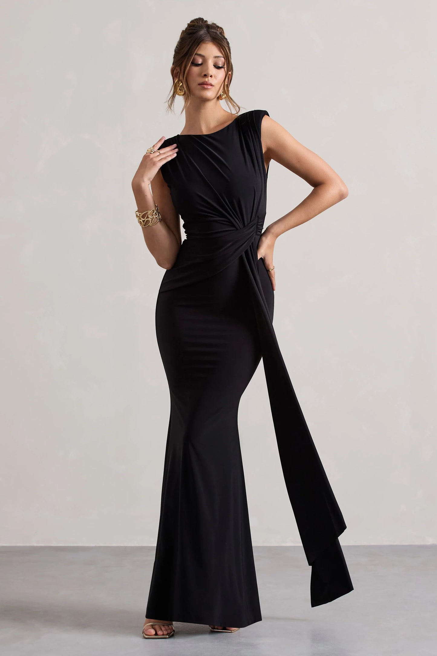 Kadie | Black Sleeveless Gathered Maxi Dress With Drape