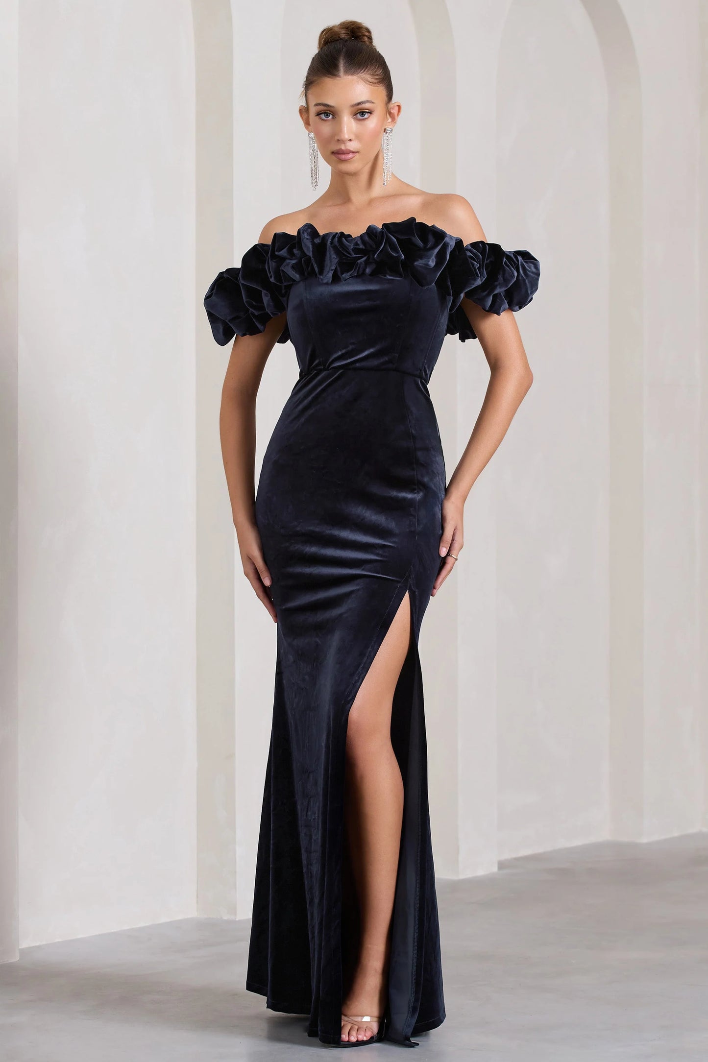 Esmeralda | Navy Velvet Structured Ruffled Bardot Maxi Dress