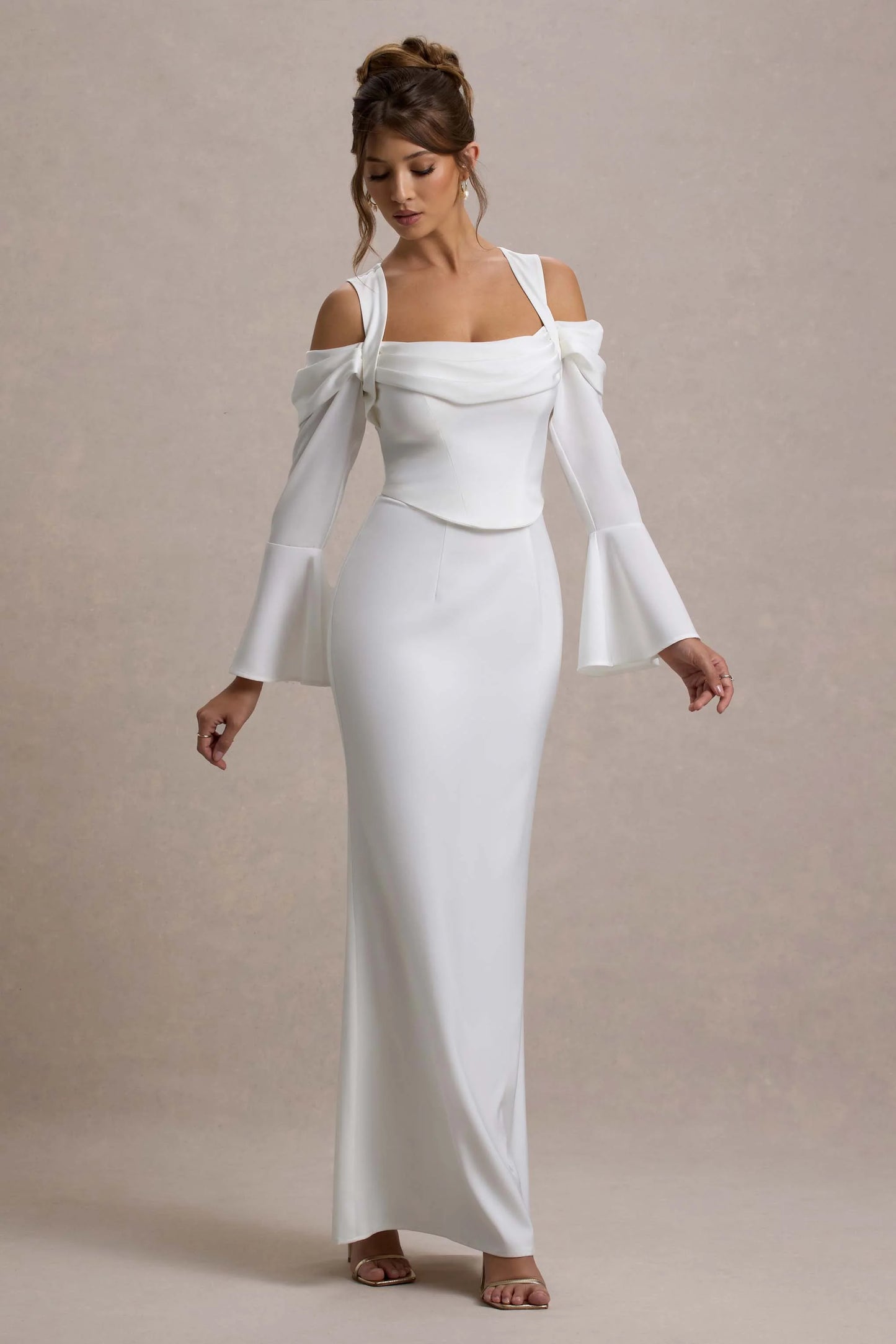 Heartthrob | Ivory Satin Draped Bardot Maxi Dress