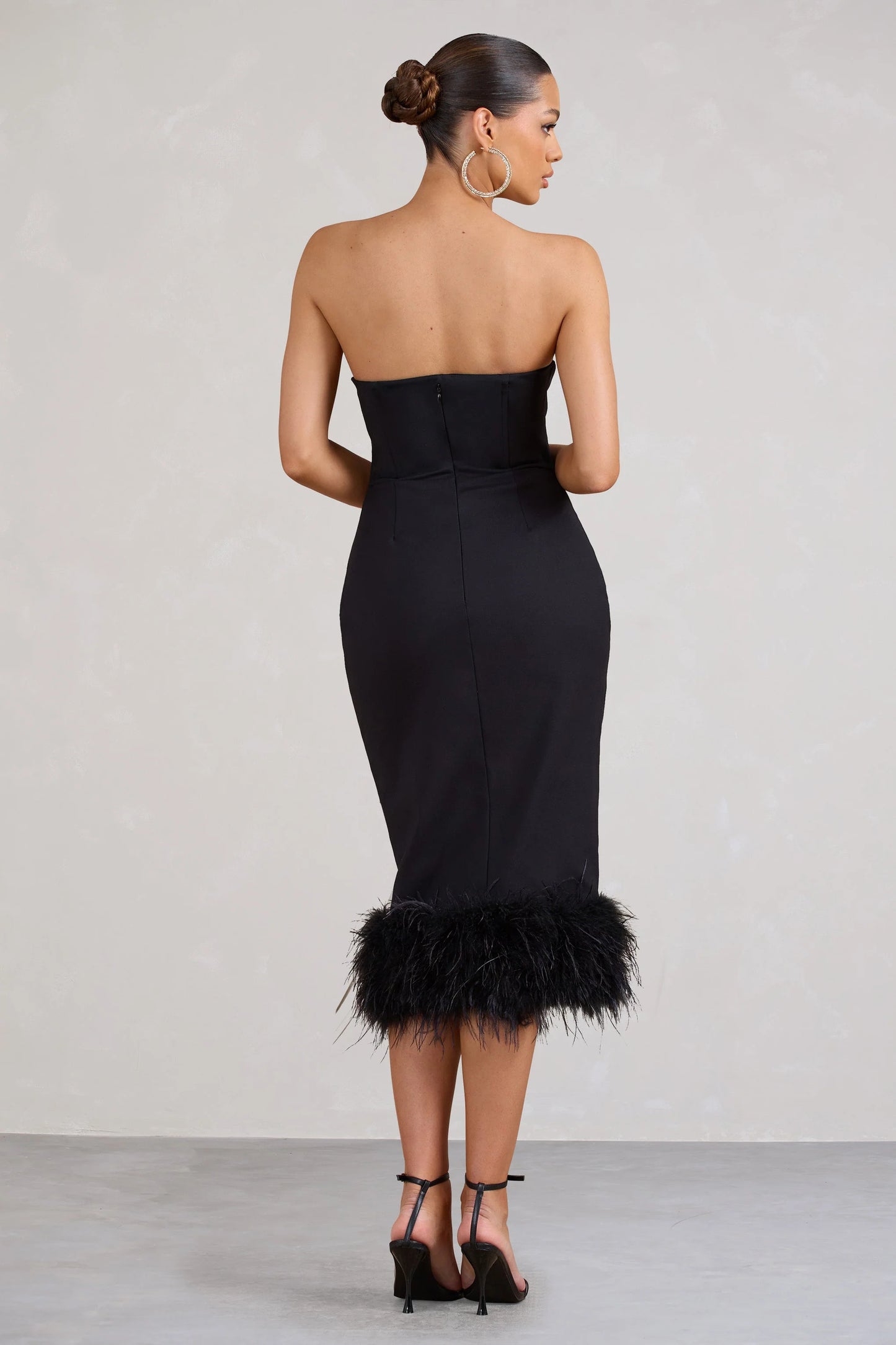 Kensington | Black Bodycon Midi Dress With Statement Feather Trim