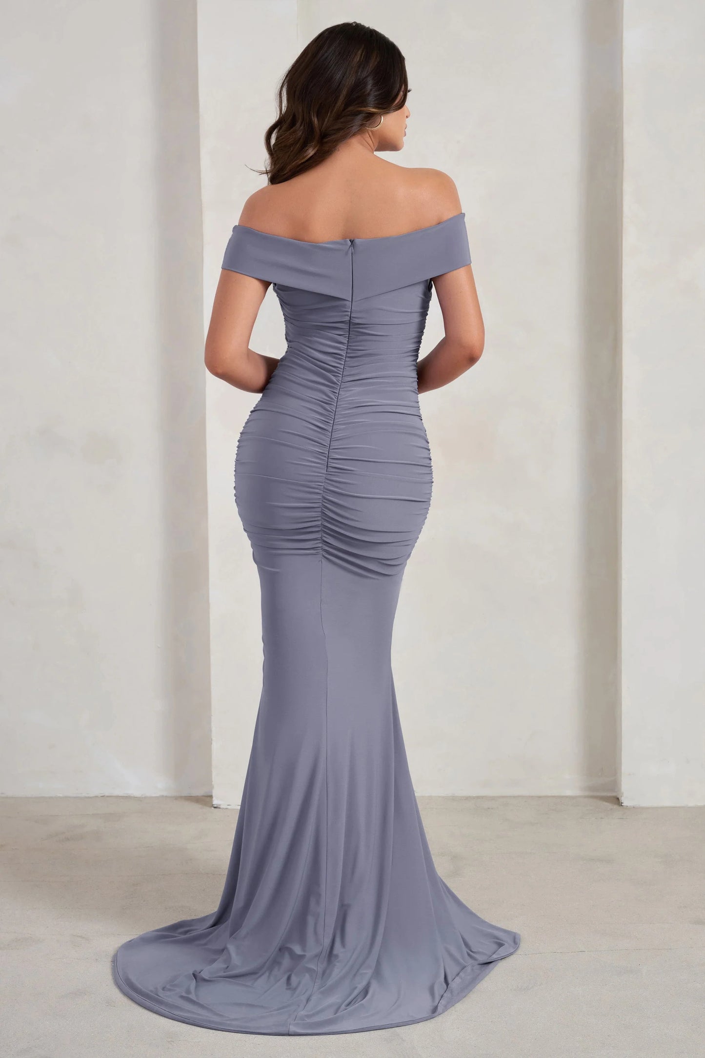 Apolline | Grey Off The Shoulder Ruched Fishtail Maxi Dress