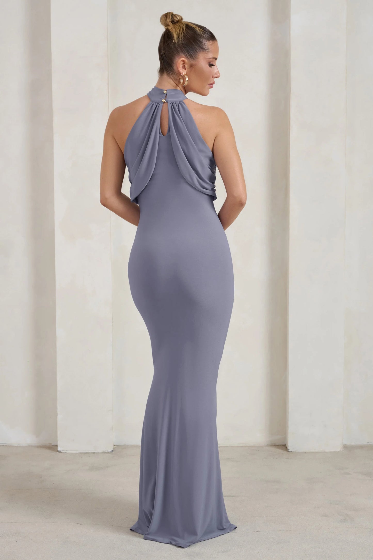 Genevieve | Grey Twist High Neck Drape Detail Maxi Dress