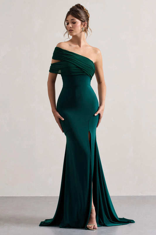 Fused | Bottle Green Asymmetric Bardot Split Maxi Dress