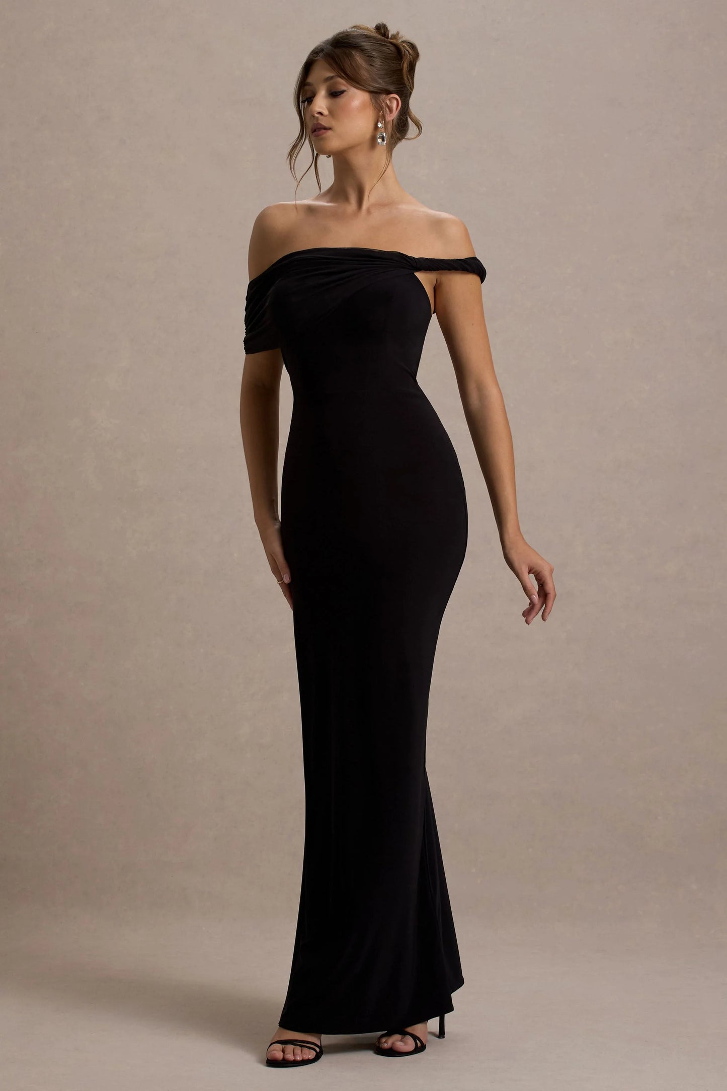 Alonza | Black Twisted Bardot Maxi Dress