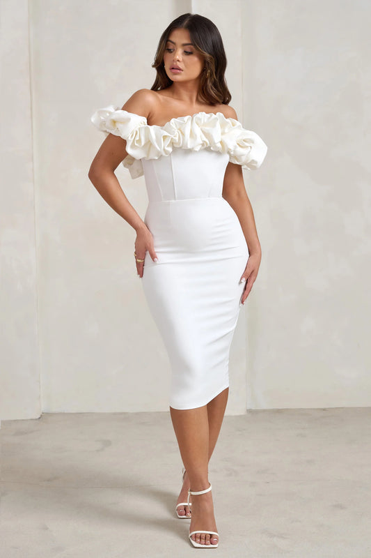 Estie | White Structured Statement Bardot Midi Dress