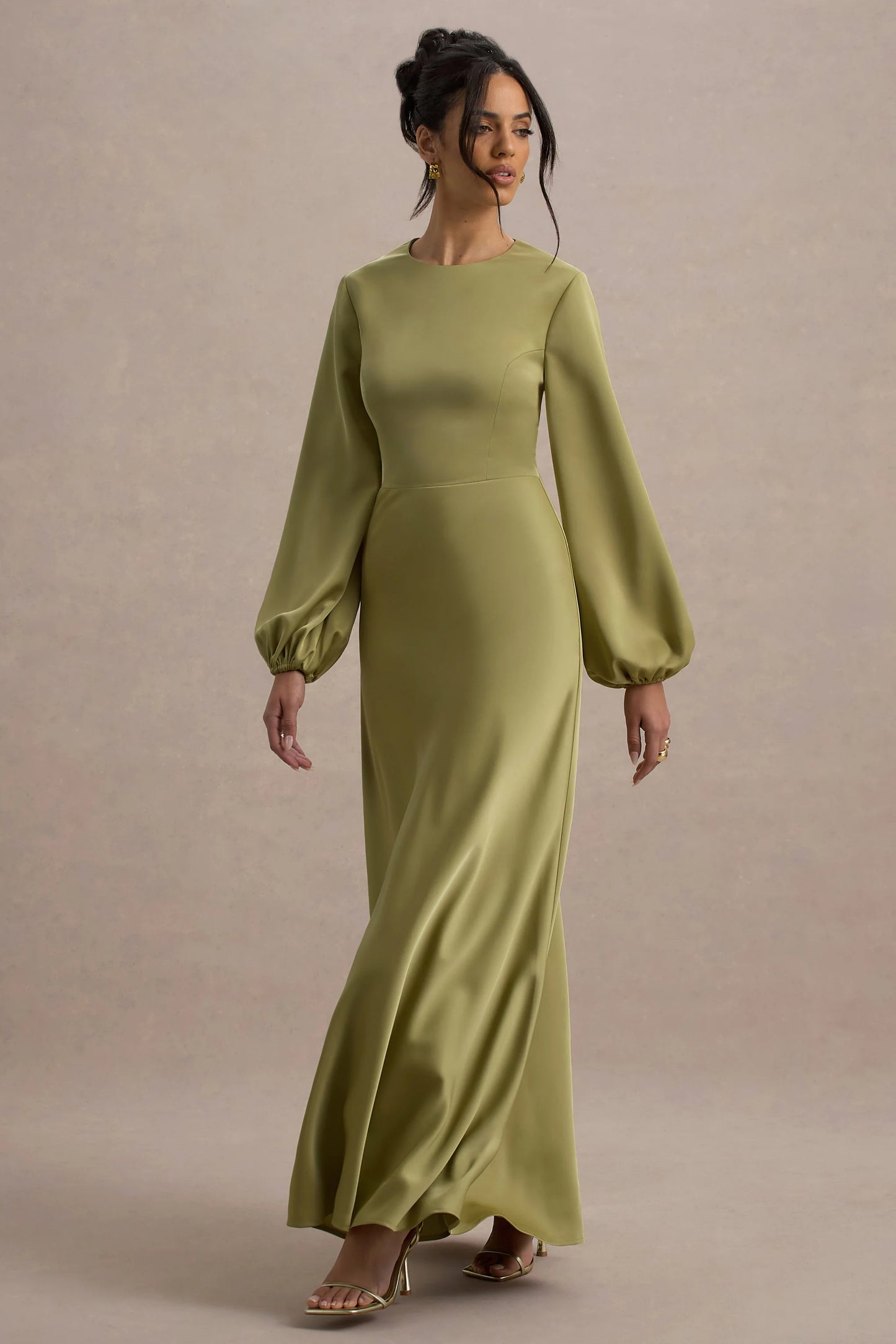 Crawley | Light Green Satin Puff-Sleeve Maxi Dress