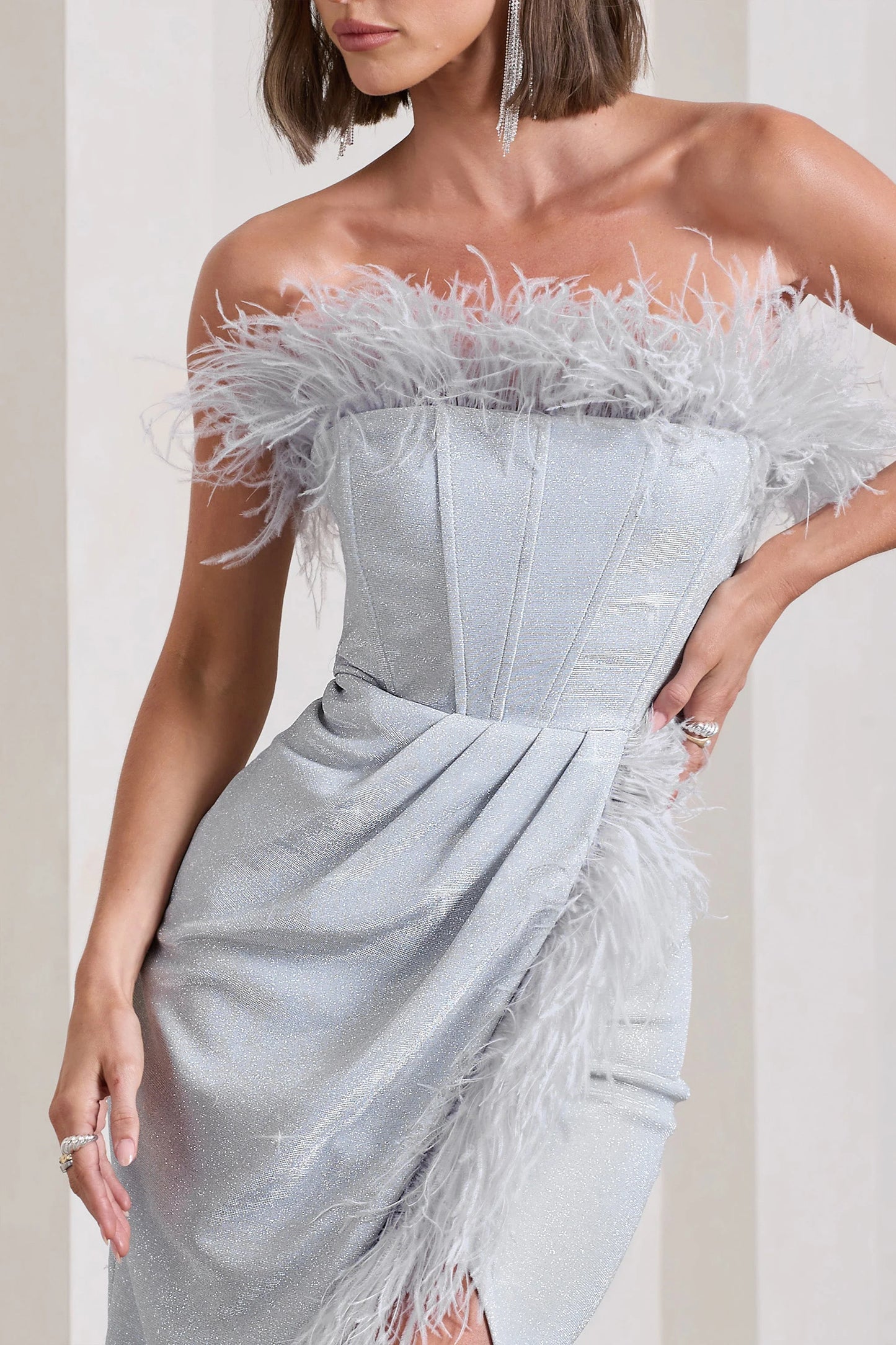 Crystal | Silver Metallic Bandeau Corset Maxi Dress With Feather Trims