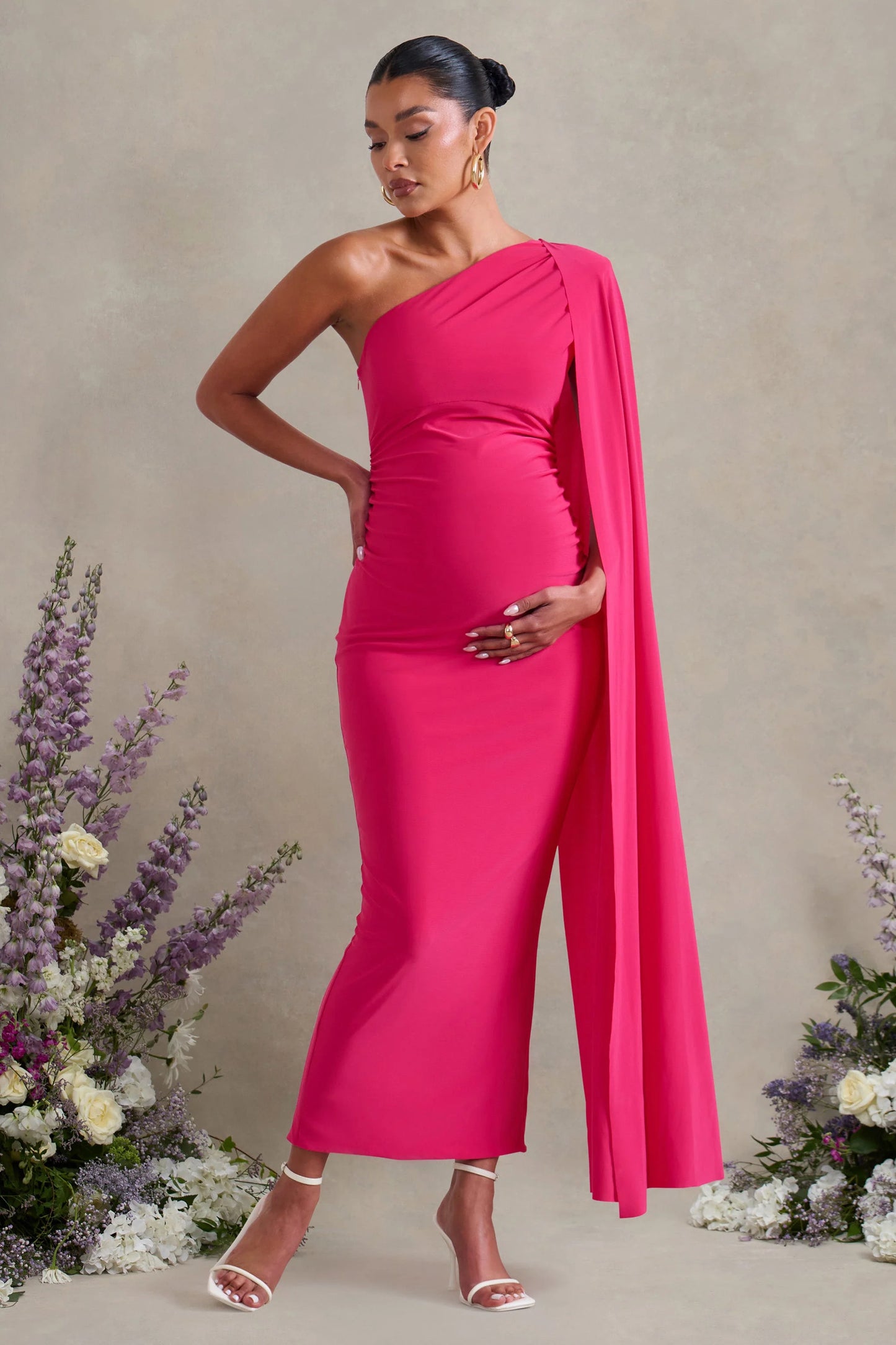 Amaryllis | Hot Pink Maternity One Shoulder Maxi Dress with Cape Sleeve