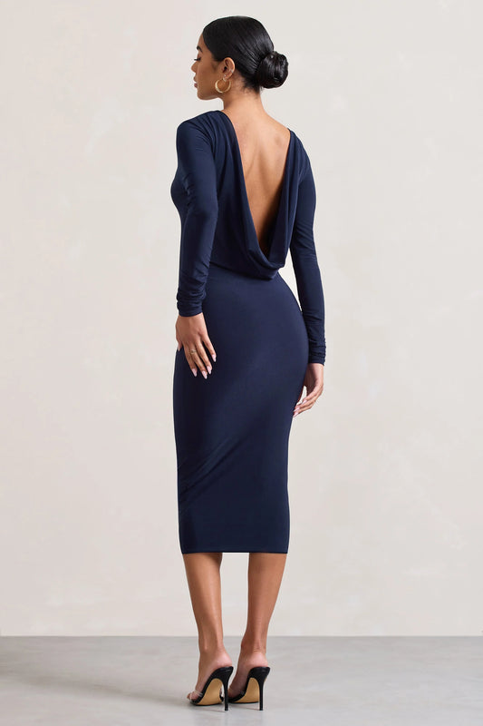 Dynasty Darling | Navy Cowl-Back Long-Sleeved Bodycon Midi Dress