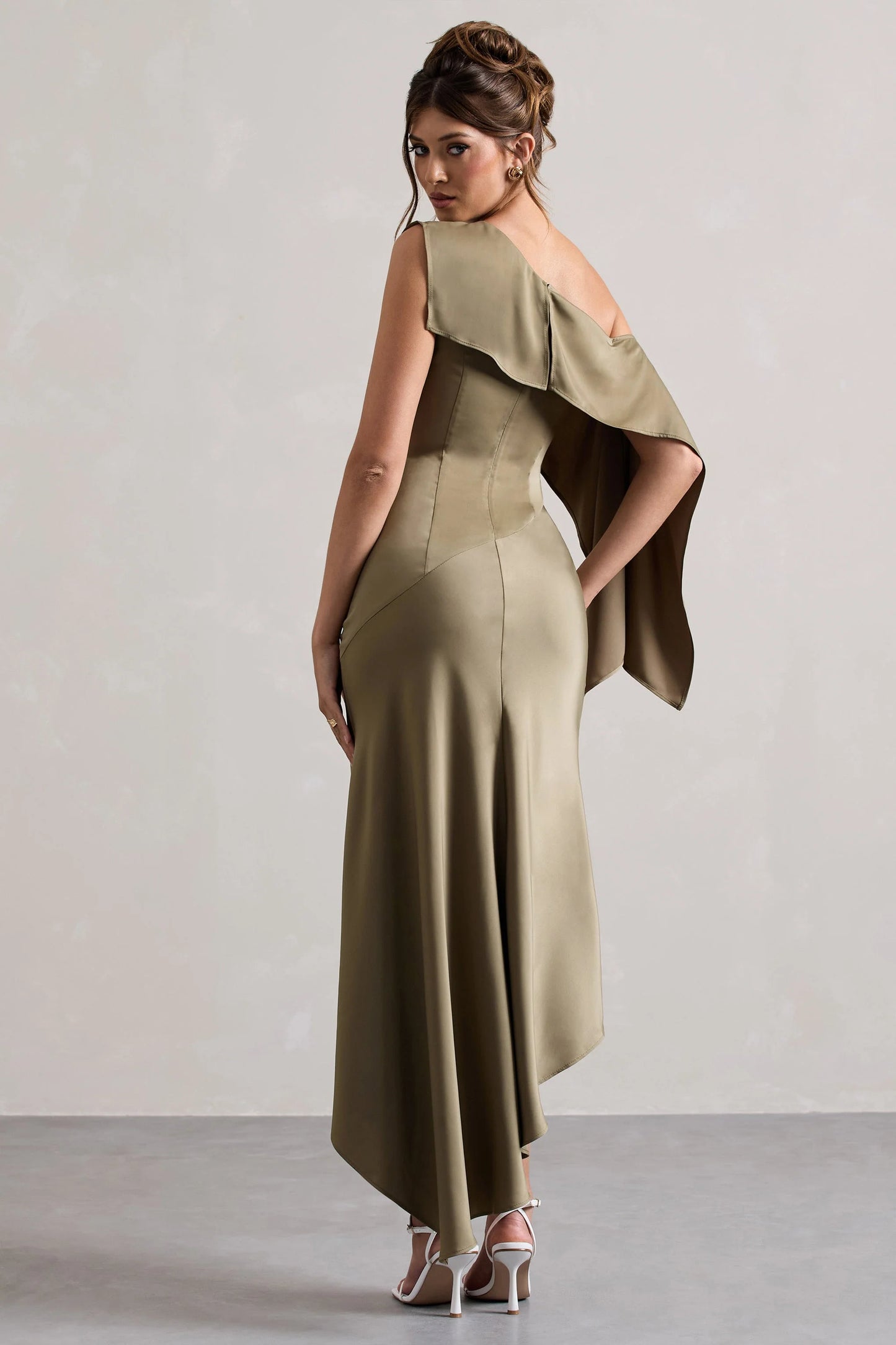 Freesia | Olive Satin Asymmetric Draped Split Maxi Dress