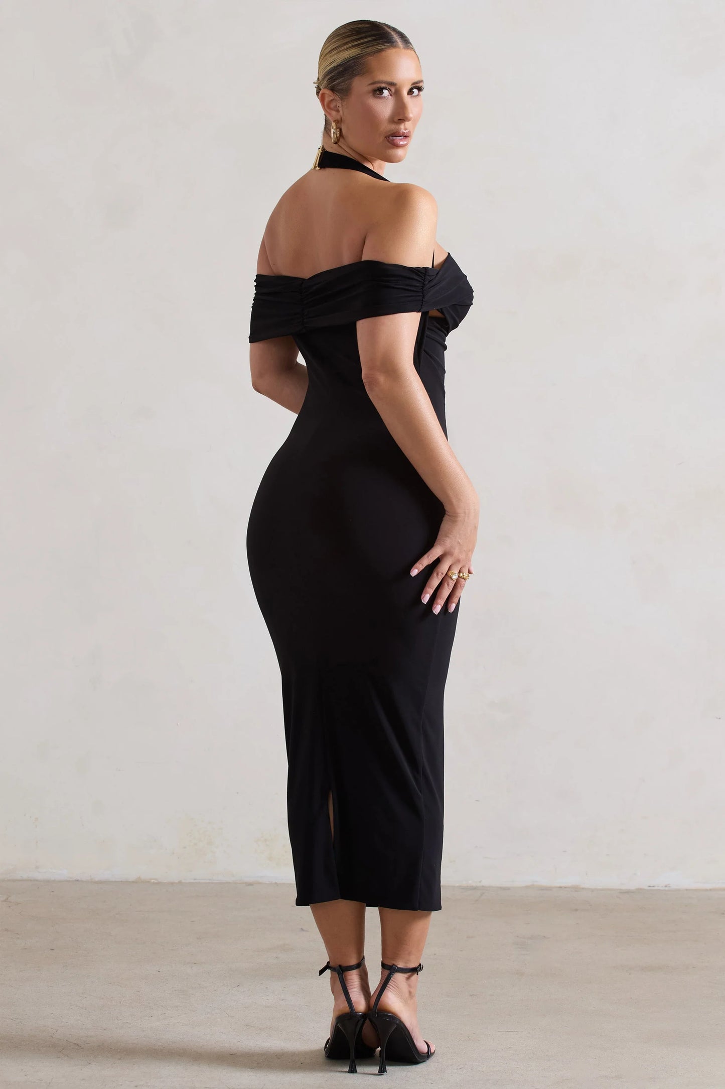 Gwen | Black Bardot Halter-Neck Midi Dress