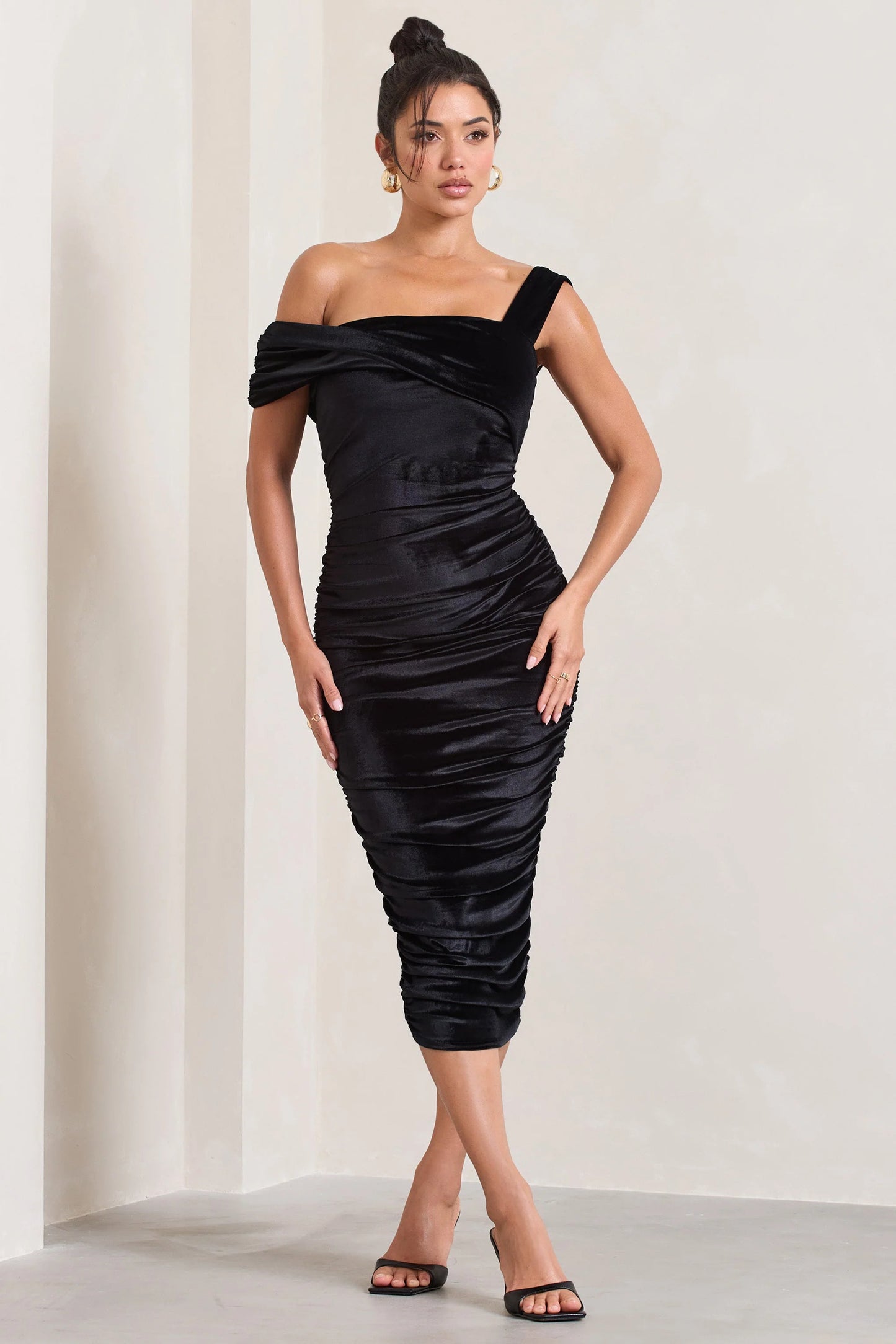 Daniela | Black Velvet One Shoulder Ruched Midi Dress