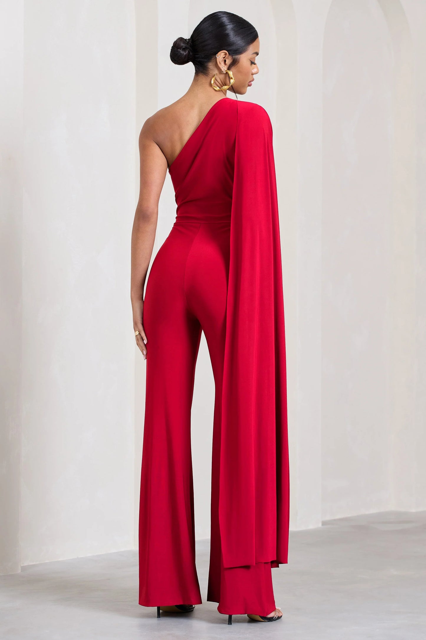 Aurora | Red One Shoulder Cape Sleeve Jumpsuit