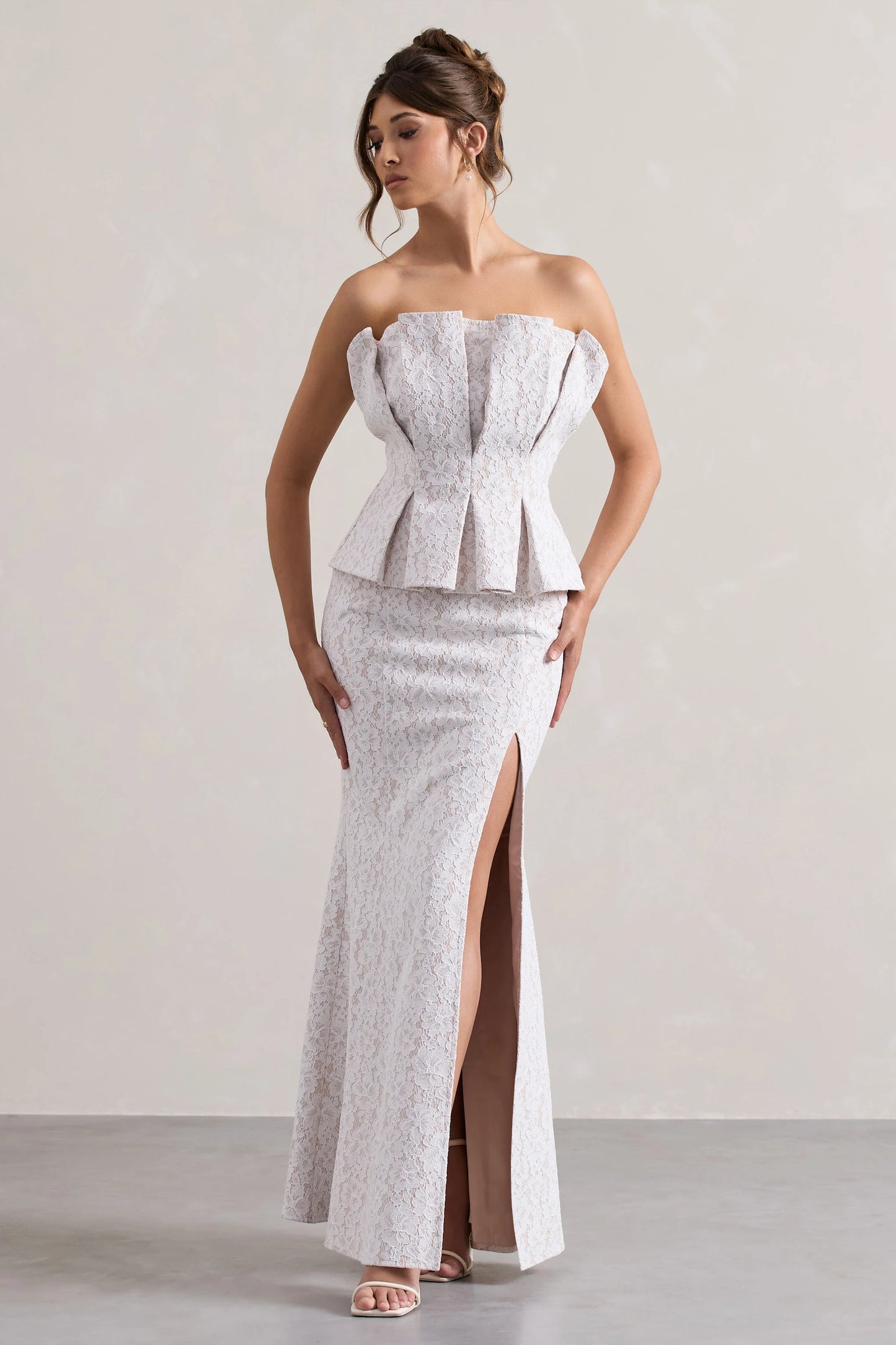 Kaleido | White Lace Strapless Ruffled Split Maxi Dress